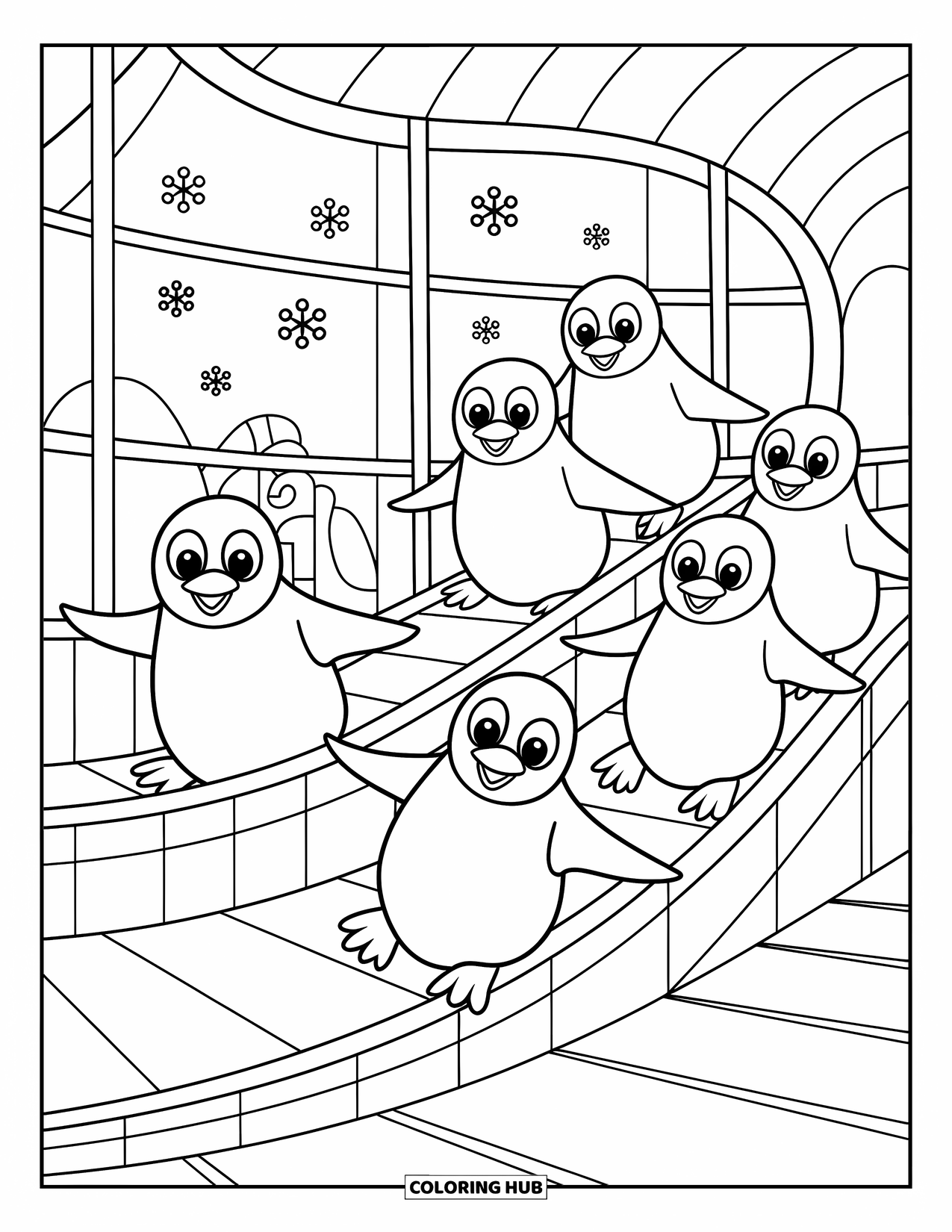 Zoo Coloring Page for Kids: Playful penguins slide down a wooden ramp with snowflakes falling outside a cozy window
