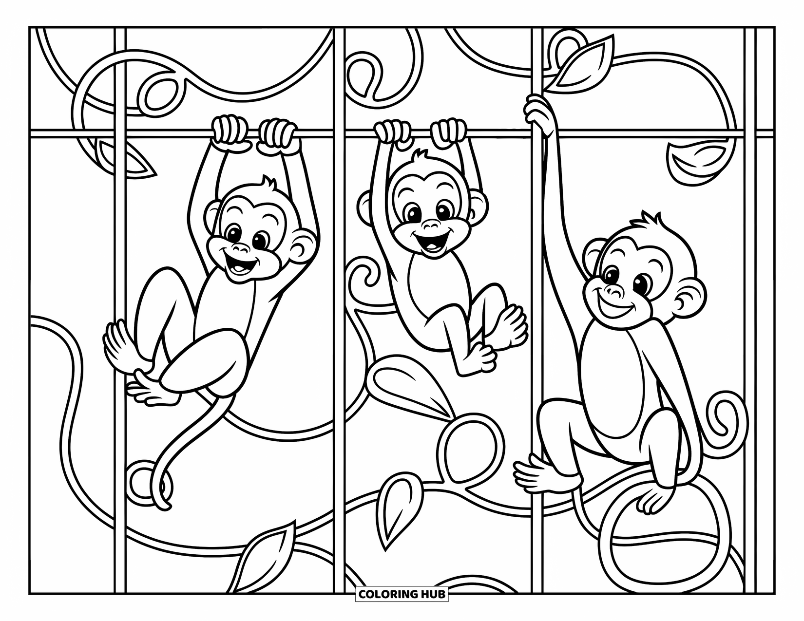 Zoo Coloring Page for Kids: Three monkeys explore a jungle gym with vines, bars, and playful poses