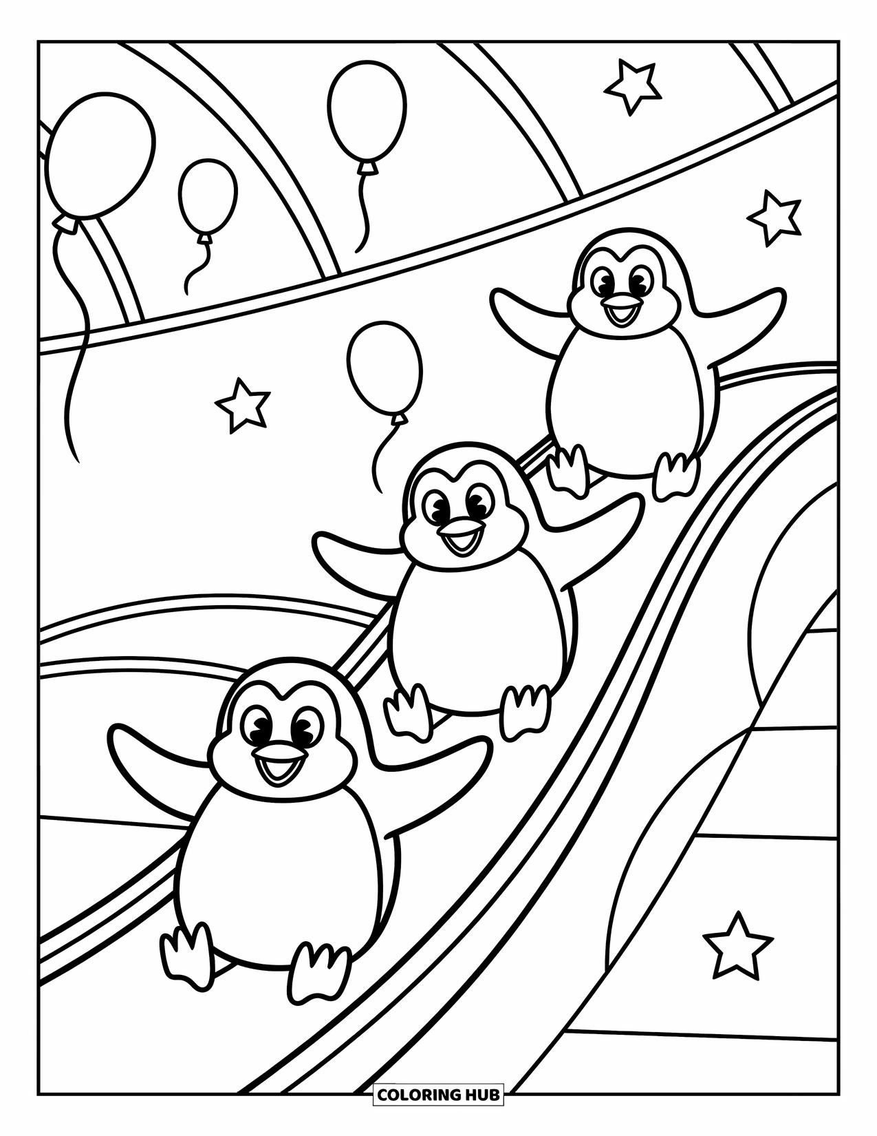Zoo Coloring Page for Kids: Three penguins joyfully slide down a ramp with stars and balloons floating around them