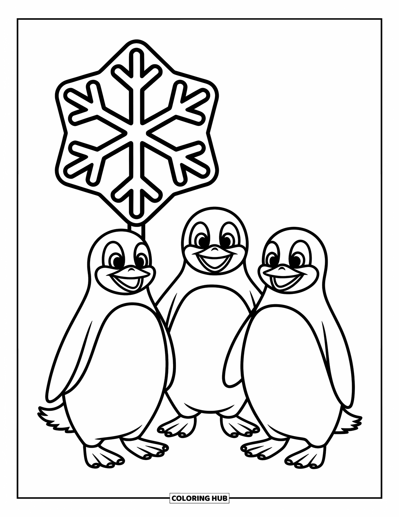 Zoo Coloring Page for Kids: Three penguins stand together beside a snowflake-shaped zoo sign with happy little faces