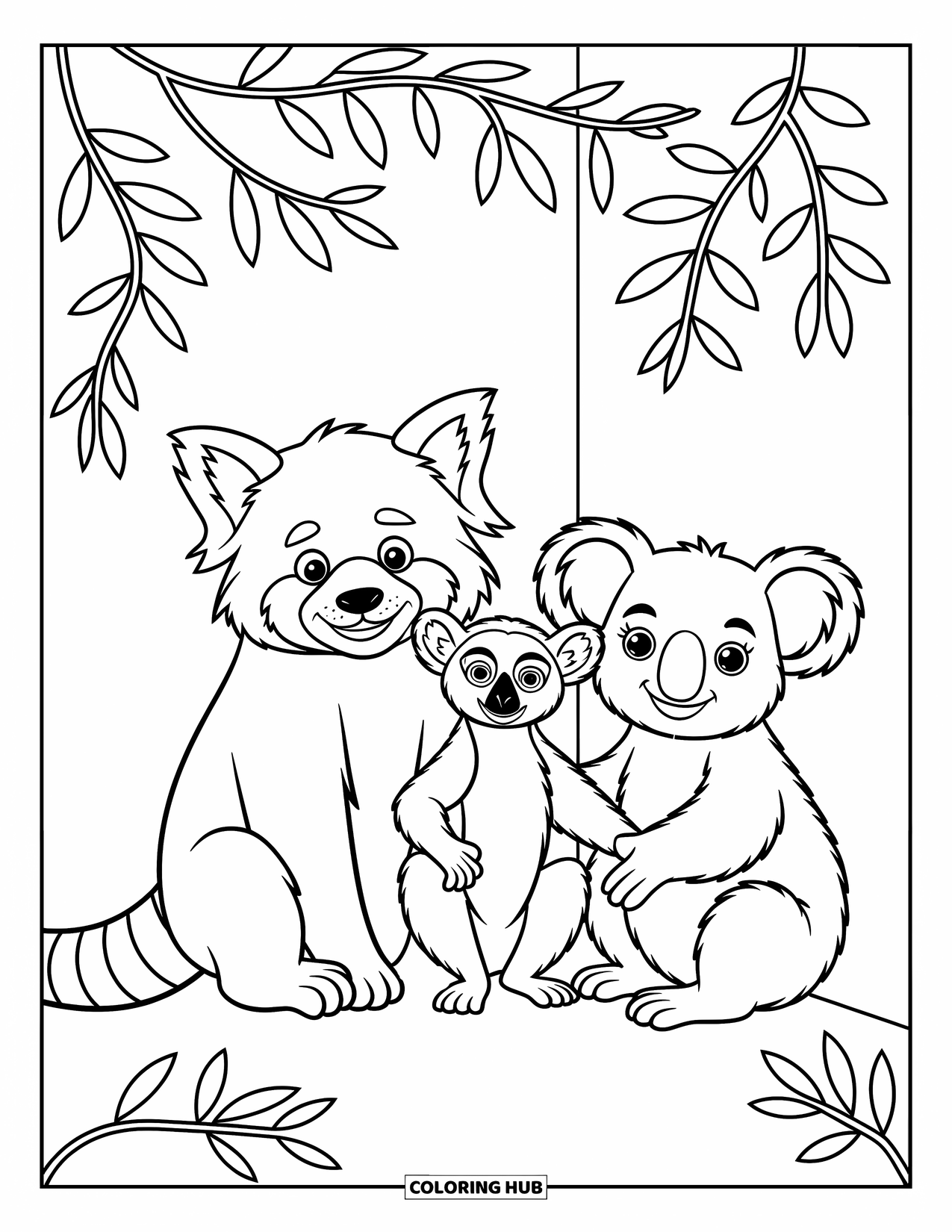 Zoo Coloring Page for Kids: Three smiling animals cuddle under leafy branches in a whimsical enclosure