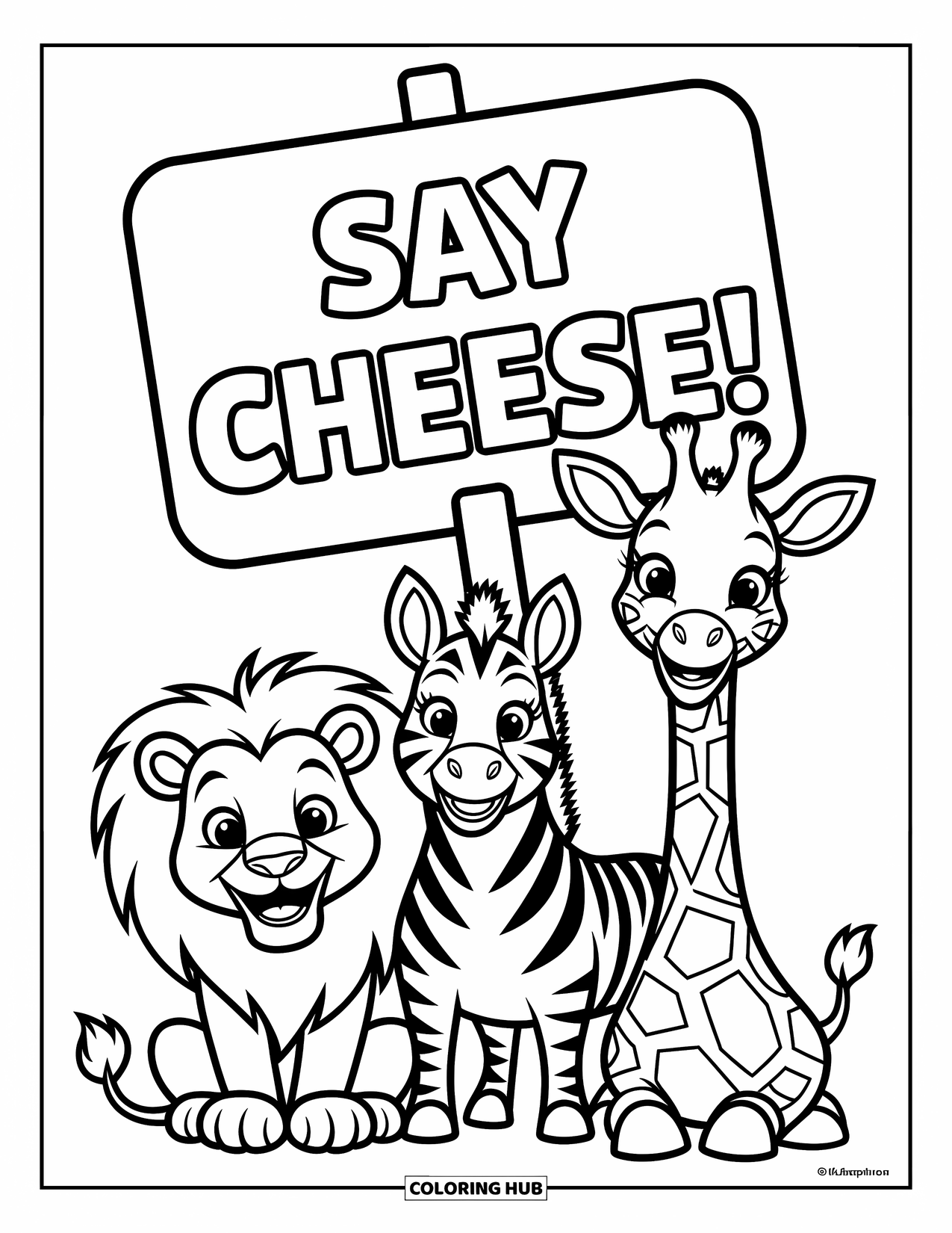 Zoo Coloring Page for Kids: Three smiling animals gather near a Say Cheese! sign like a zoo photo moment