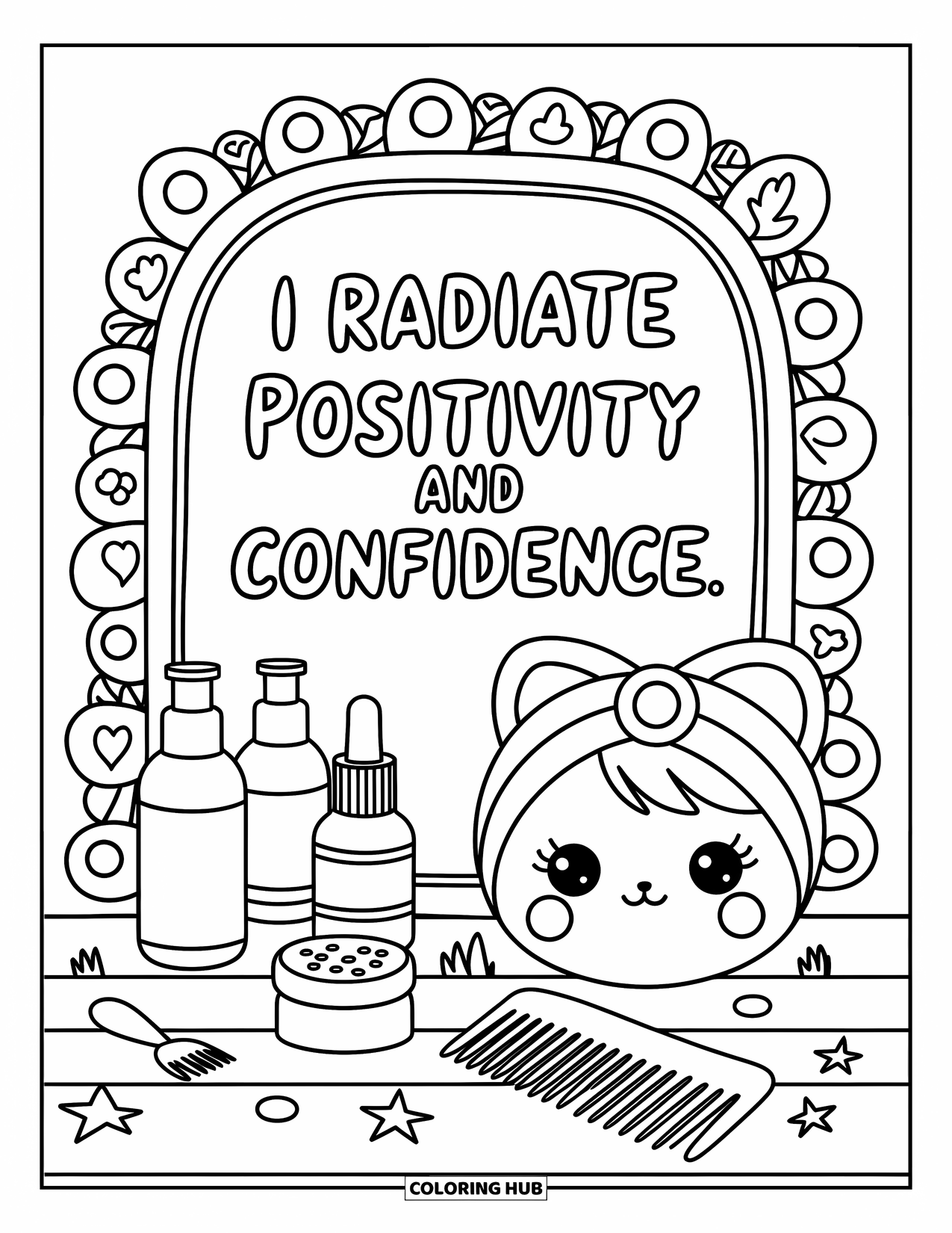Affirmation Coloring Page for Adults: A cozy mirror corner shines with "I radiate positivity and confidence"