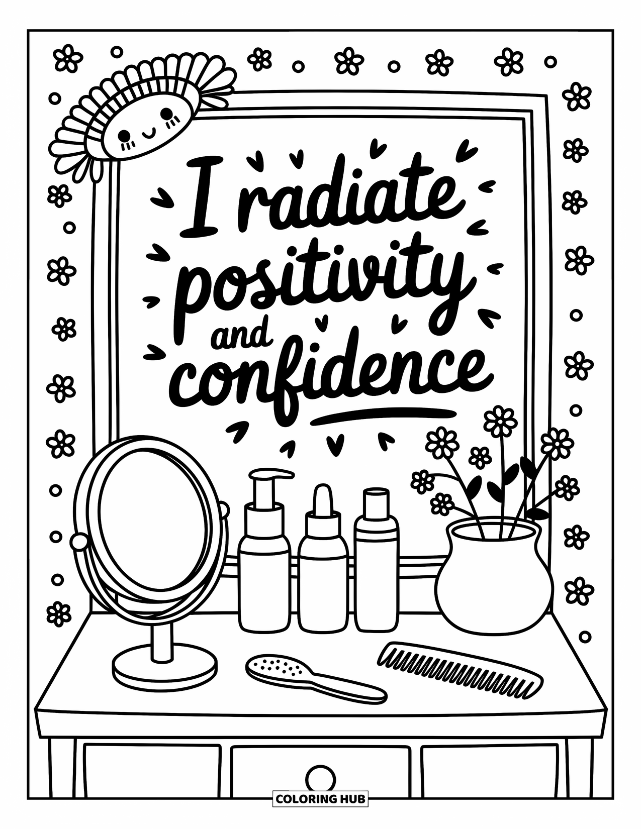 Affirmation Coloring Page for Adults: A headband and flowers sit by a mirror with the quote "I radiate positivity and confidence"