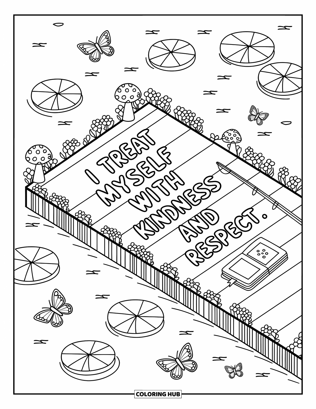 Affirmation Coloring Page for Adults: A journal and pole sit by the words "I treat myself with kindness and respect"