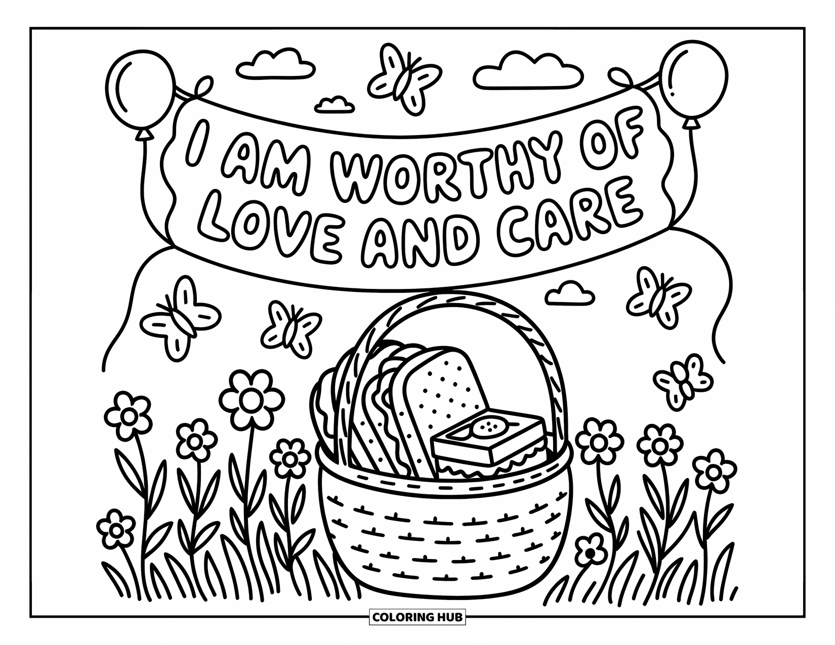 Affirmation Coloring Page for Adults: A peaceful picnic scene holds a loving message: "I am worthy of love and care"