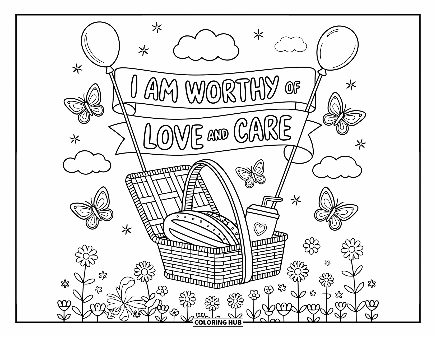 Affirmation Coloring Page for Adults: A sandwich and juice rest under a banner that says "I am worthy of love and care"