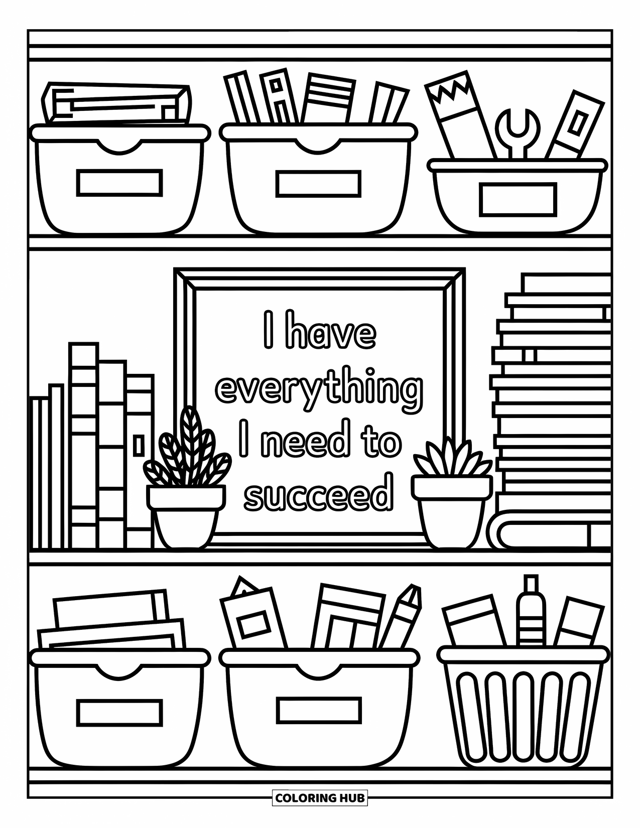 Affirmation Coloring Page for Adults: A tidy shelf holds books and tools beneath a framed quote: "I have everything I need"