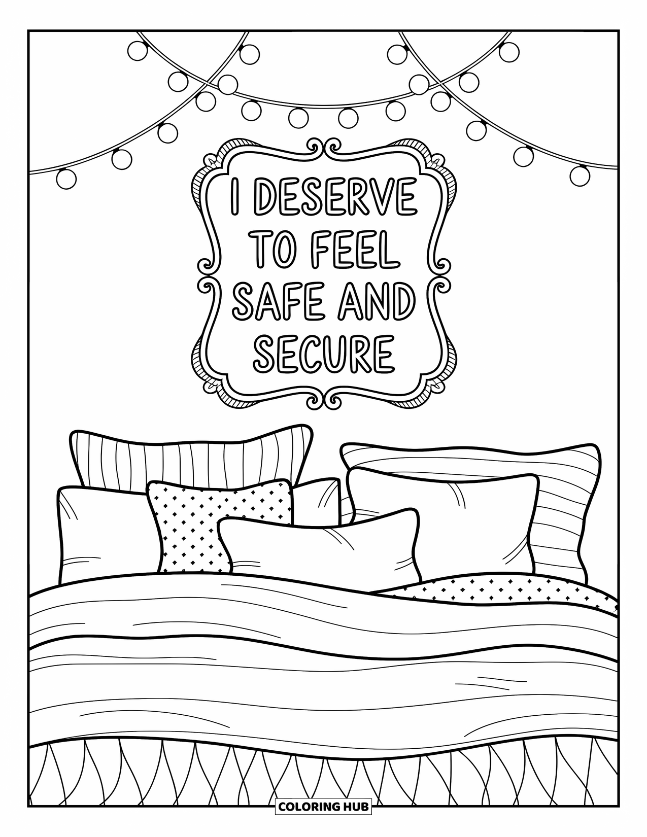 Affirmation Coloring Page for Adults: A warm bedroom glows with string lights and a frame that reads "I deserve to feel safe"