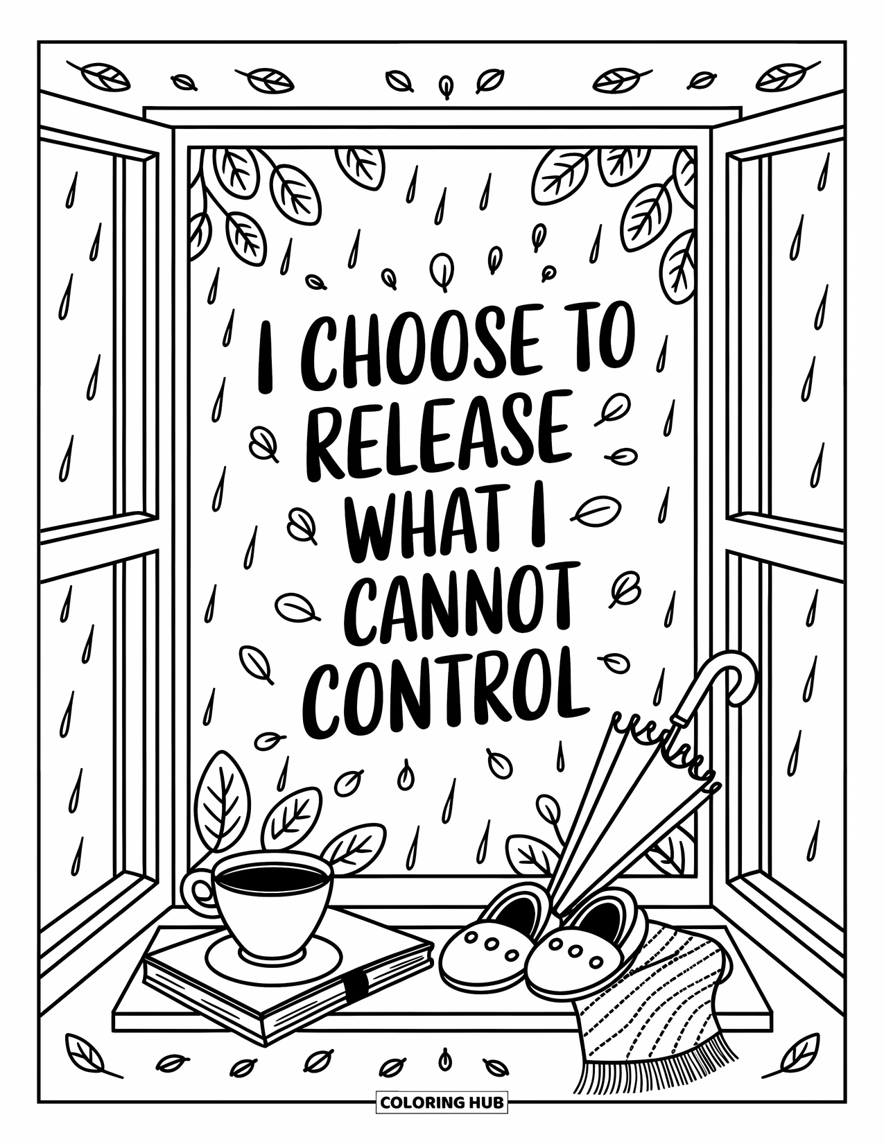 Affirmation Coloring Page for Adults: A warm nook with tea and a journal reminds, "I choose to release what I cannot control"