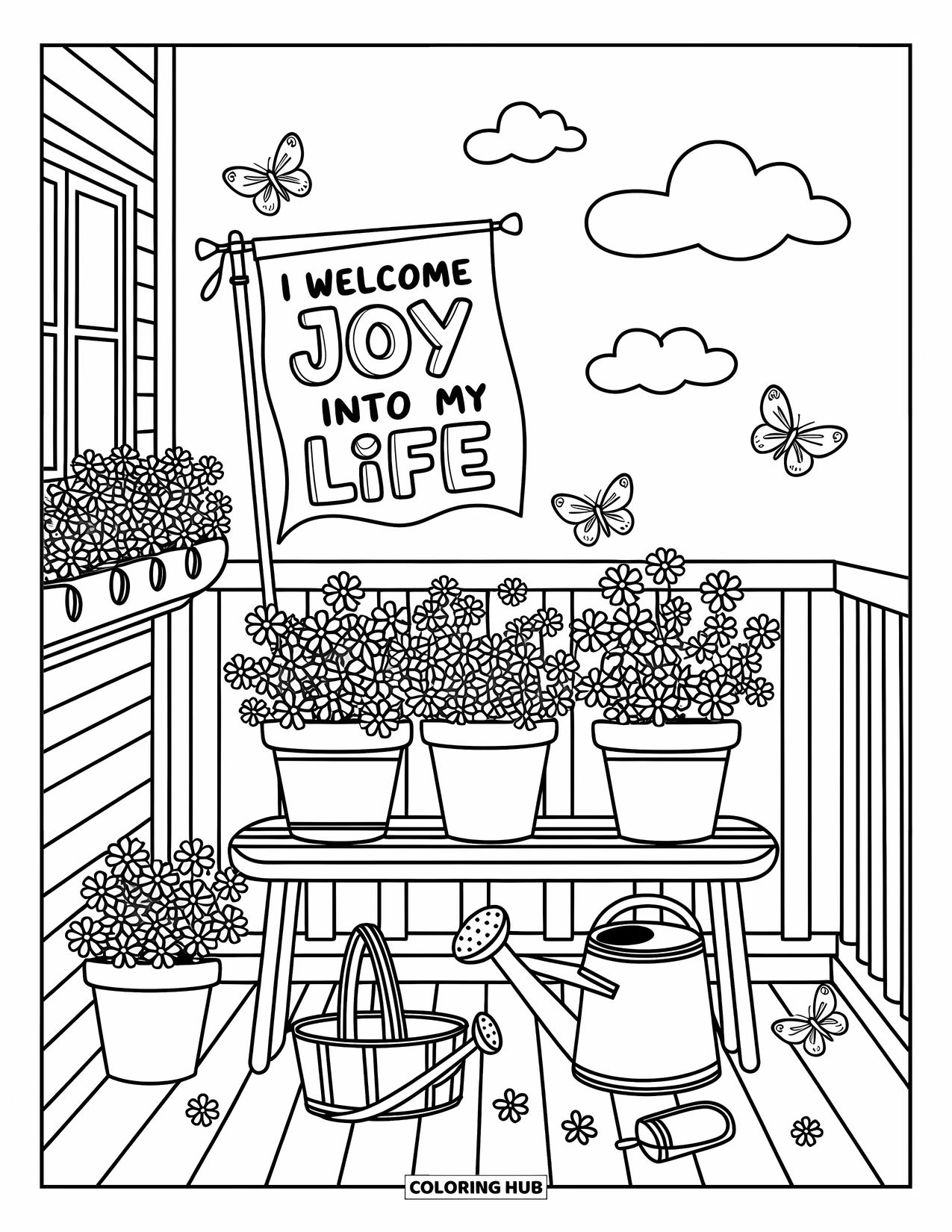 Affirmation Coloring Page for Adults: Butterflies flutter around a flag that reads "I welcome joy into my life"