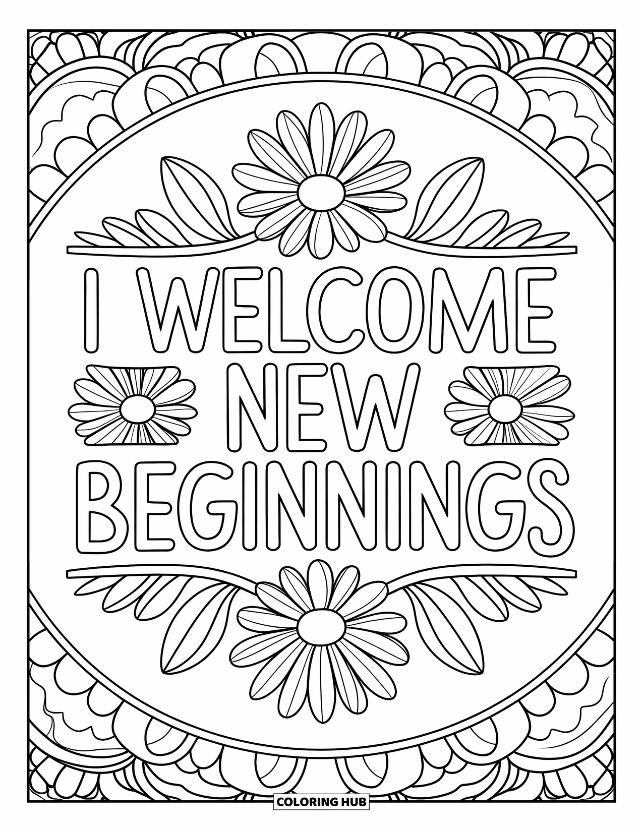 Affirmation Coloring Page for Adults: Graceful blooms encircle the message "I Welcome New Beginnings"