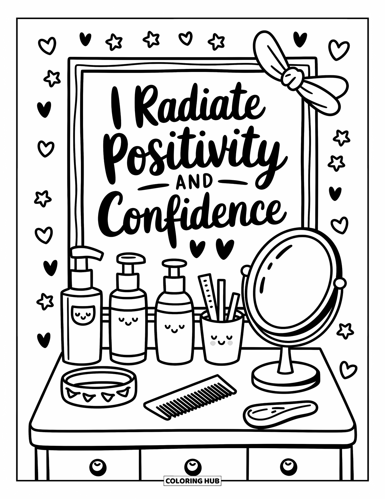 Affirmation Coloring Page for Adults: Skincare and a sweet mirror frame the phrase "I radiate positivity and confidence"