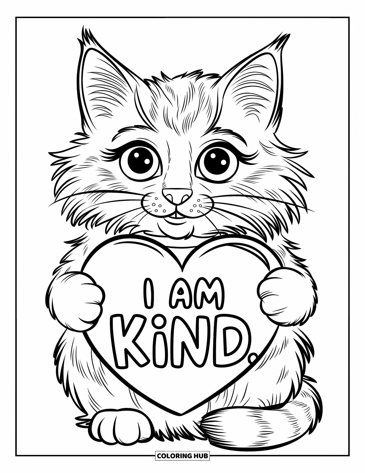 Affirmation Coloring Page for Kids: A big-eyed cat hugs a heart with "I Am Kind" above