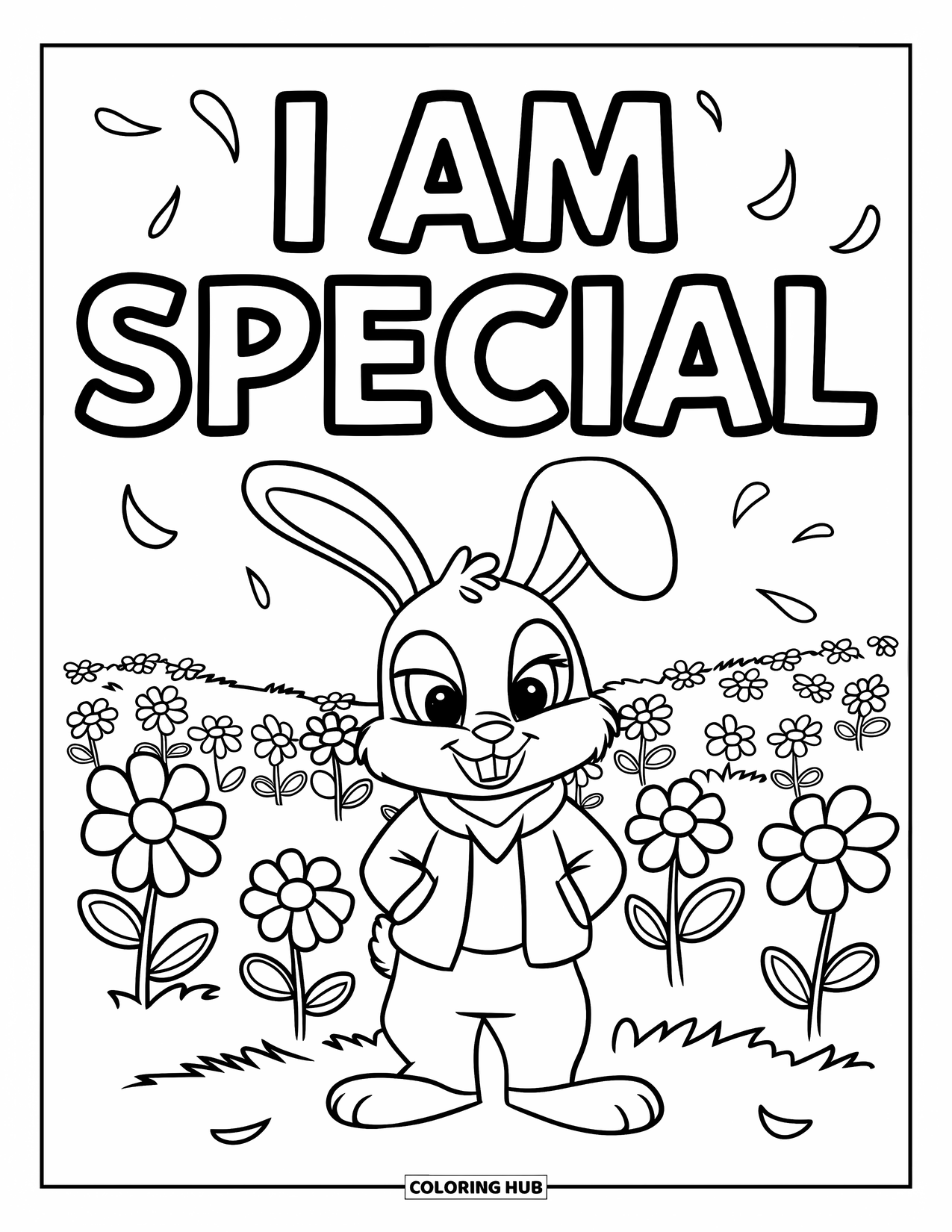Affirmation Coloring Page for Kids: A bunny in a jacket stands in flowers under the words "I Am Special"