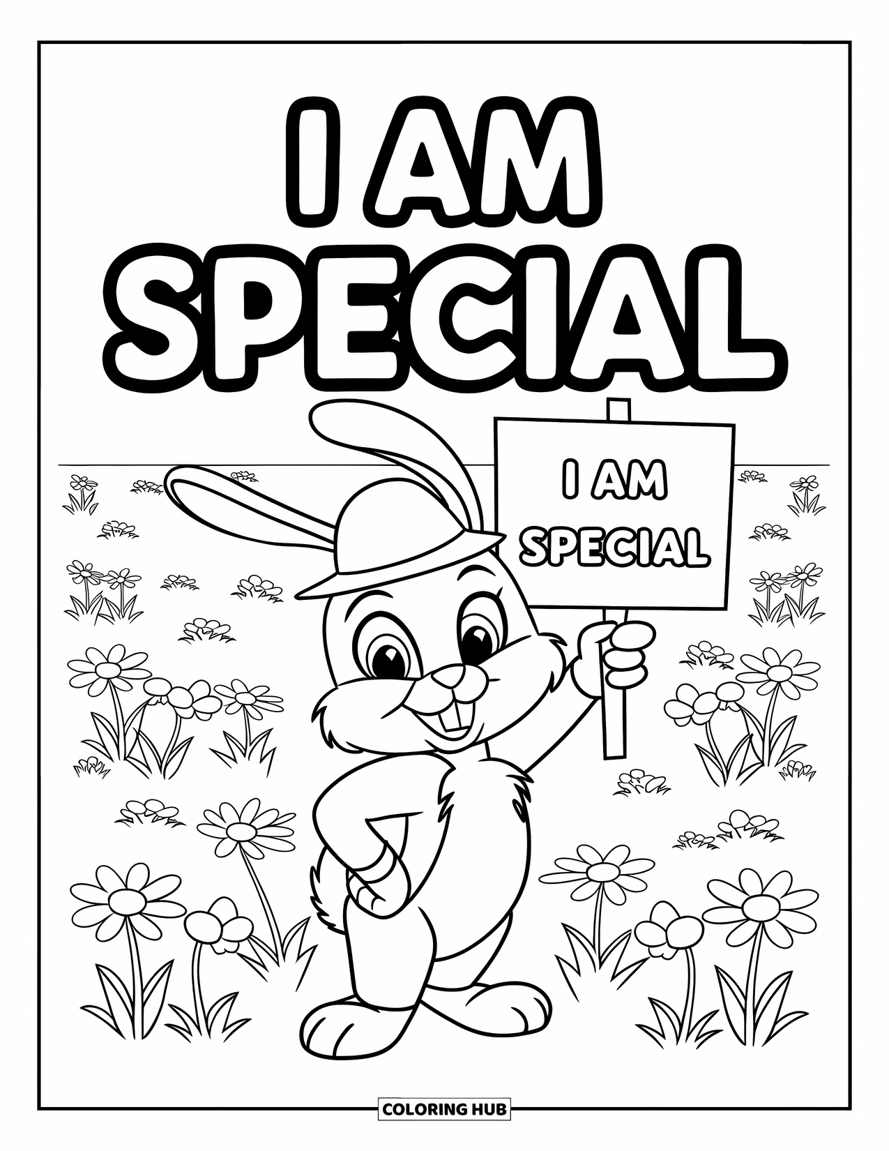 Affirmation Coloring Page for Kids: A bunny in flowers holds a sign that says "I Am Special"