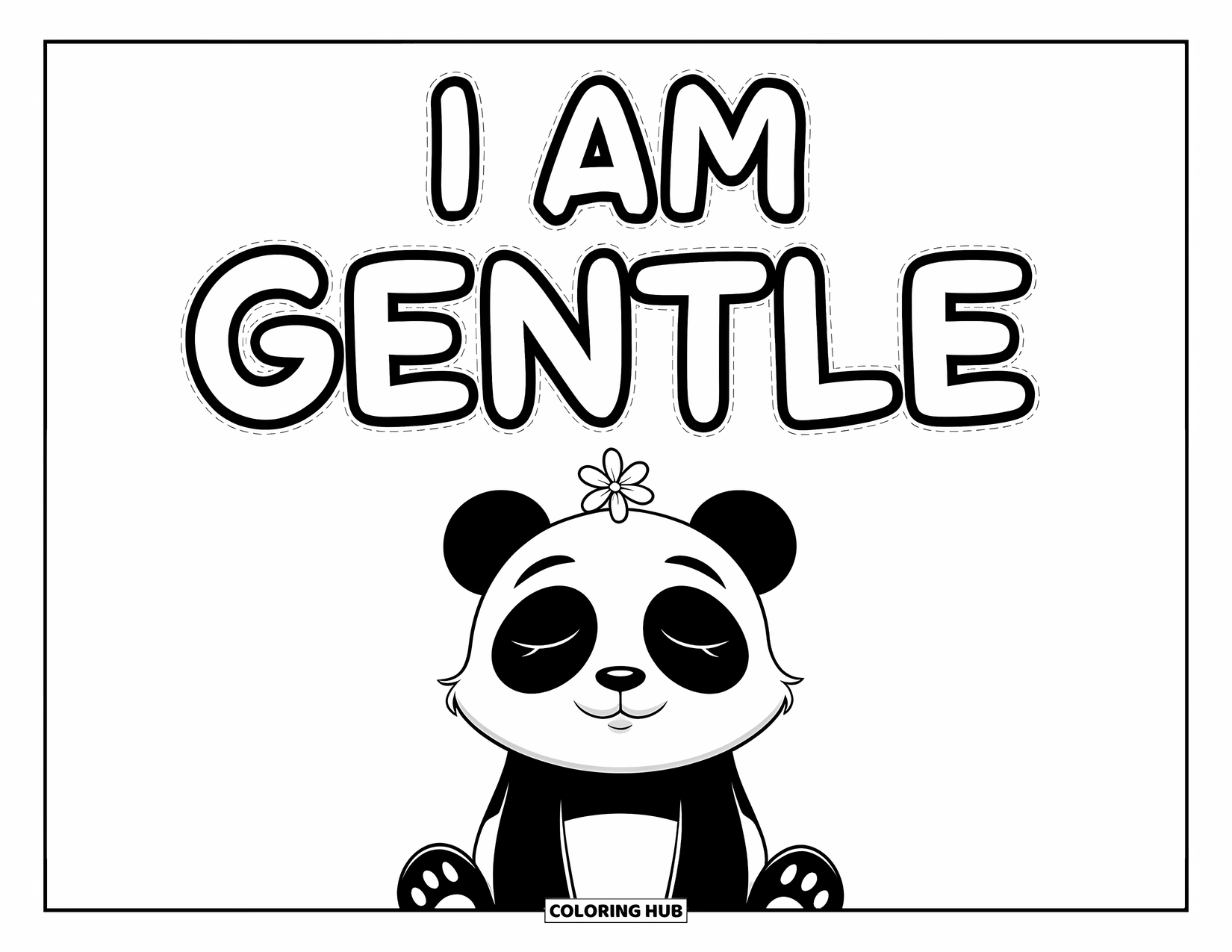 Affirmation Coloring Page for Kids: A calm panda with closed eyes relaxes beneath "I Am Gentle"