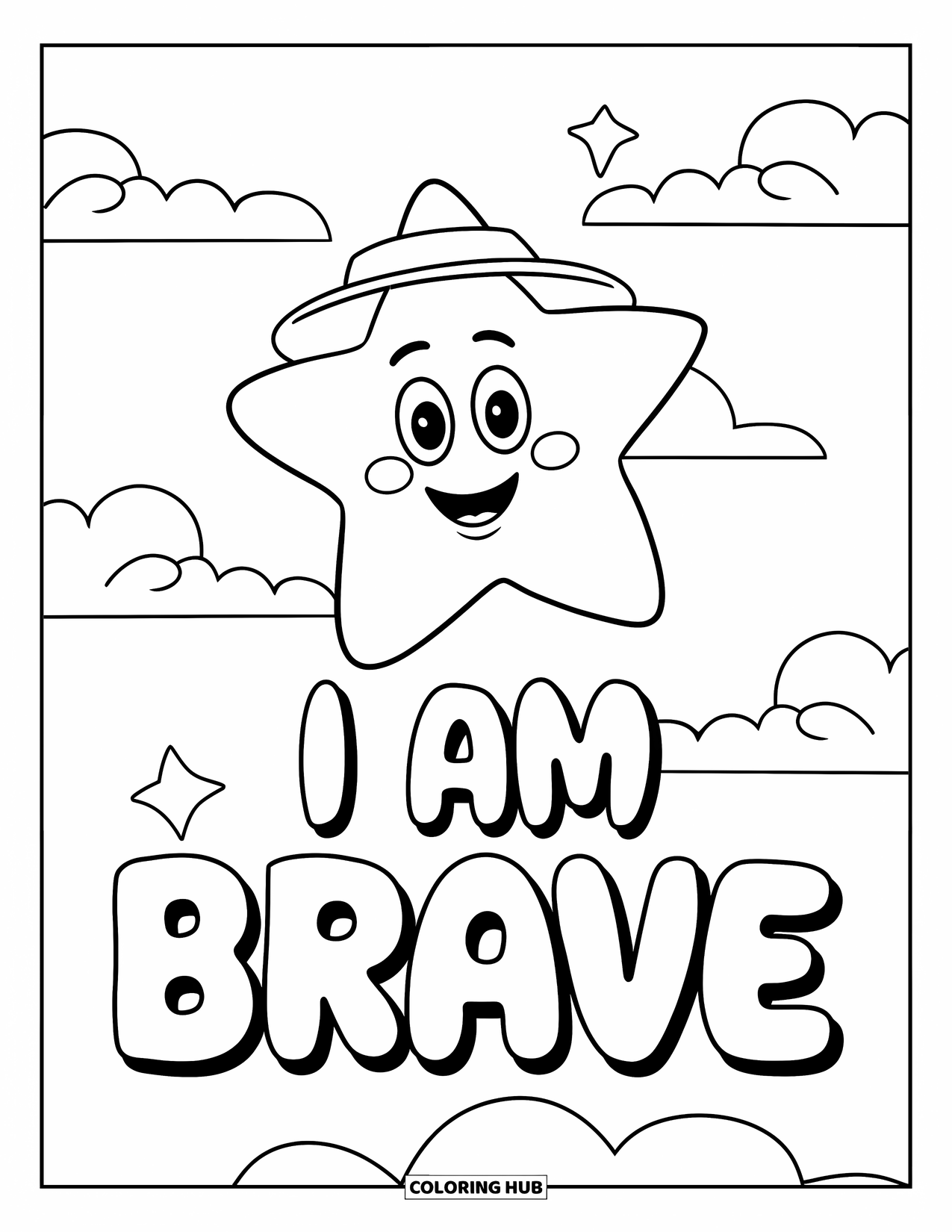 Affirmation Coloring Page for Kids: A cheerful star wearing a hat drifts through clouds with "I Am Brave"