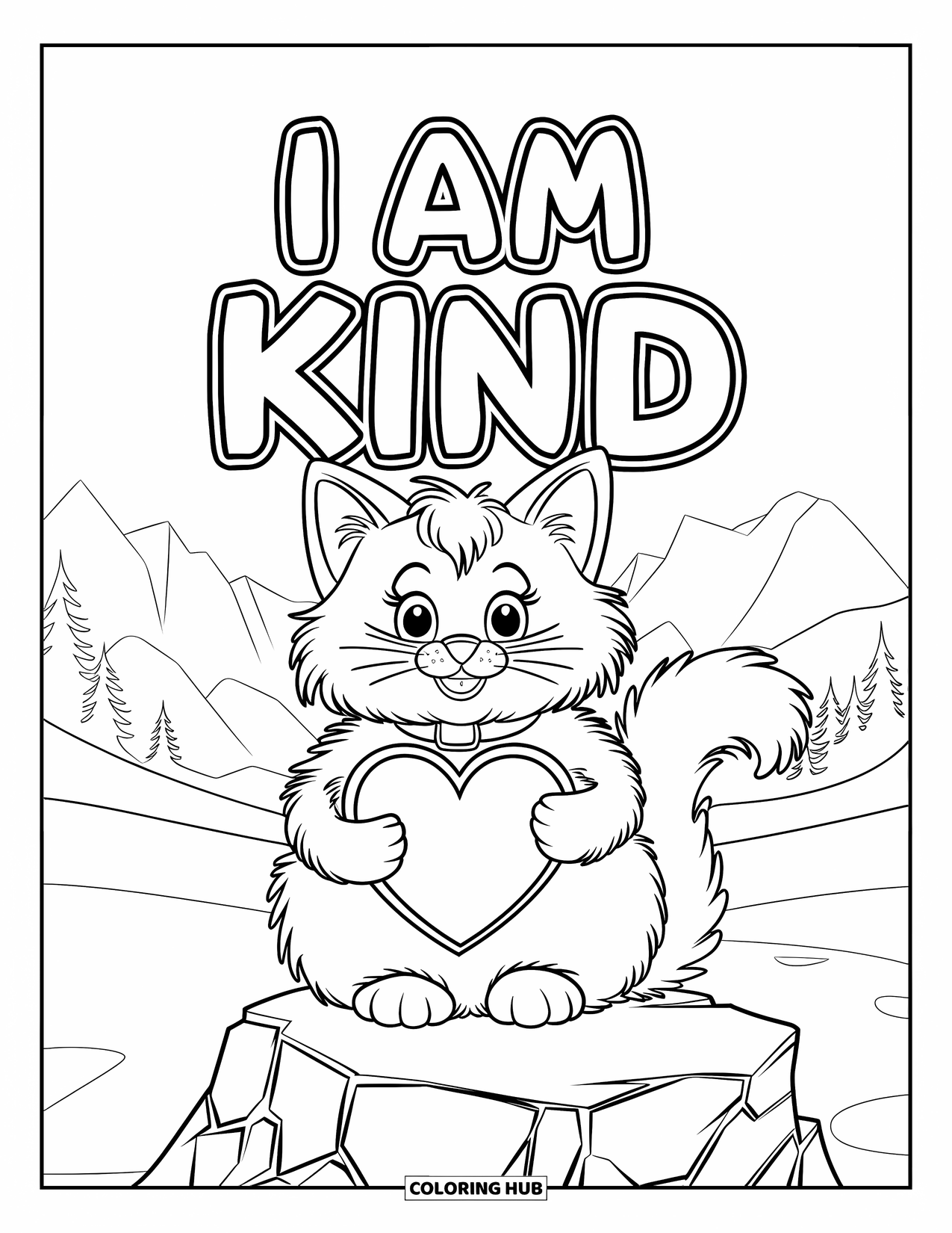 Affirmation Coloring Page for Kids: A cozy cat on a rock holds a heart under the words "I Am Kind"