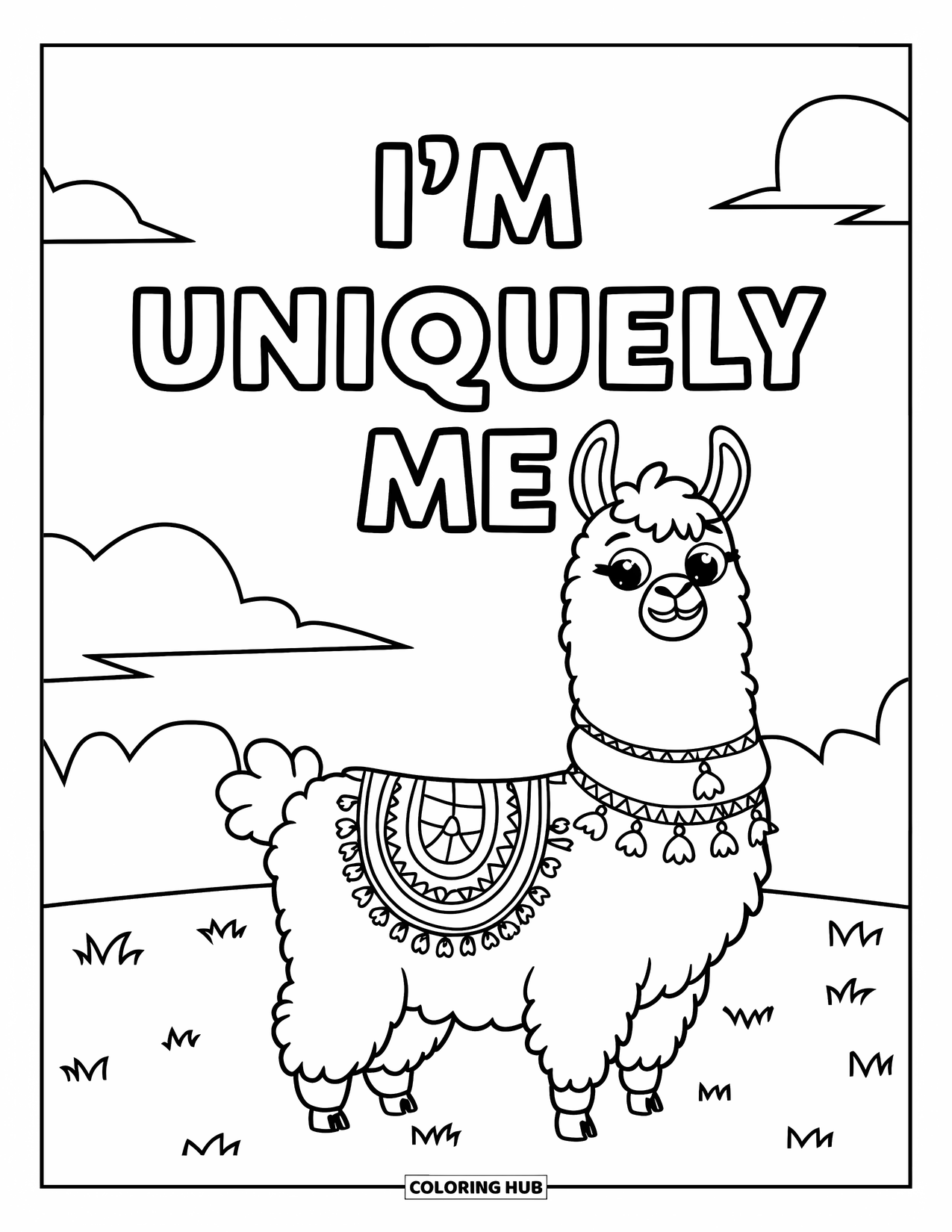 Affirmation Coloring Page for Kids: A cozy llama with a blanket smiles under the words "I'm Uniquely Me"