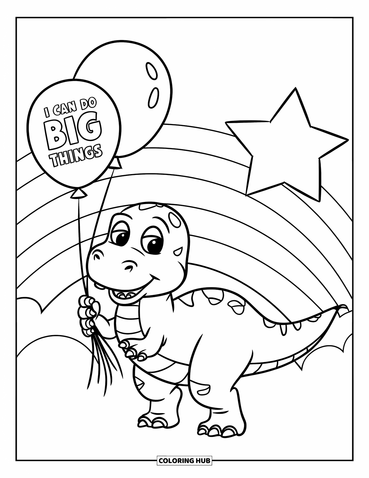 Affirmation Coloring Page for Kids: A dinosaur holds balloons and smiles with the phrase "I Can Do Big Things"