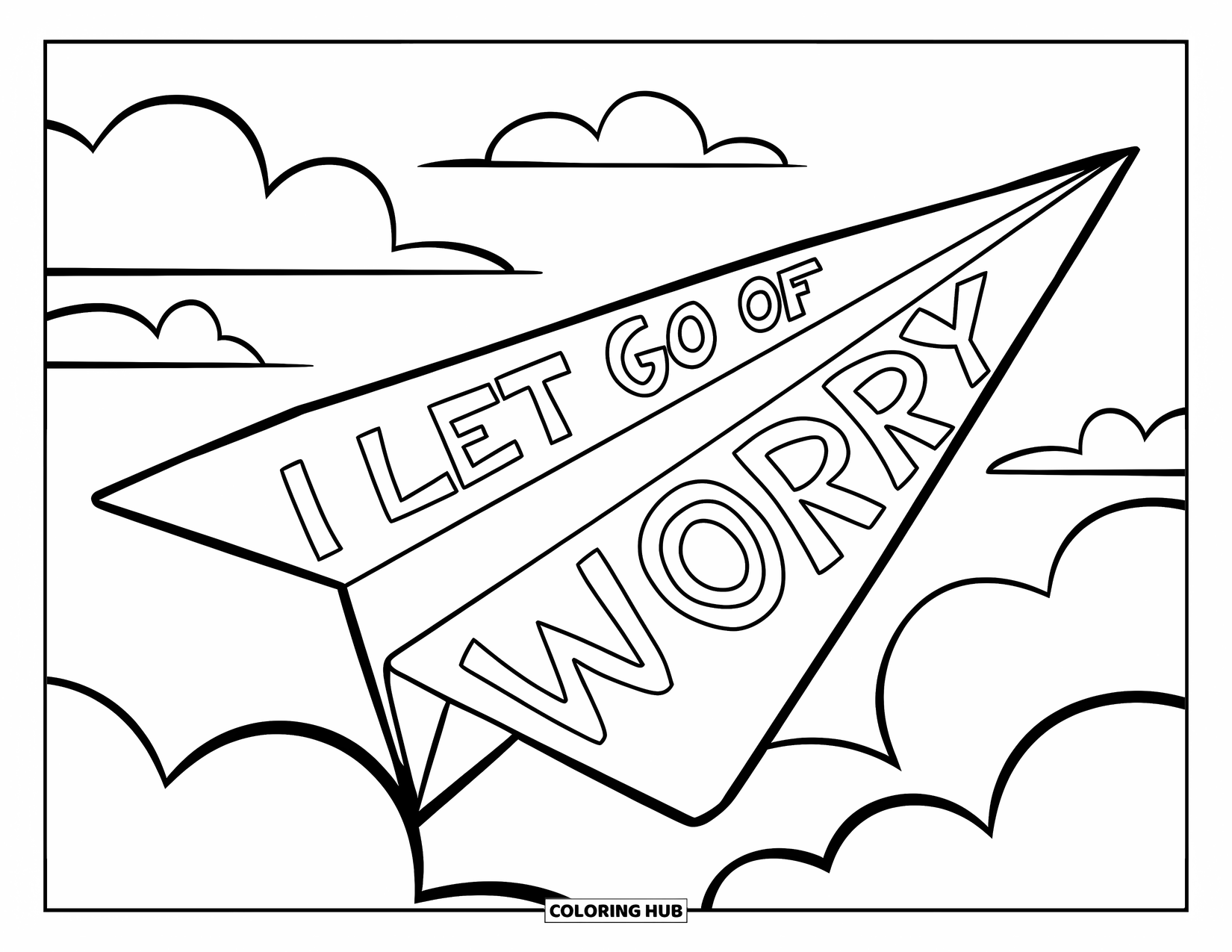 Affirmation Coloring Page for Kids: A flying paper airplane carries the message "I Let Go of Worry"