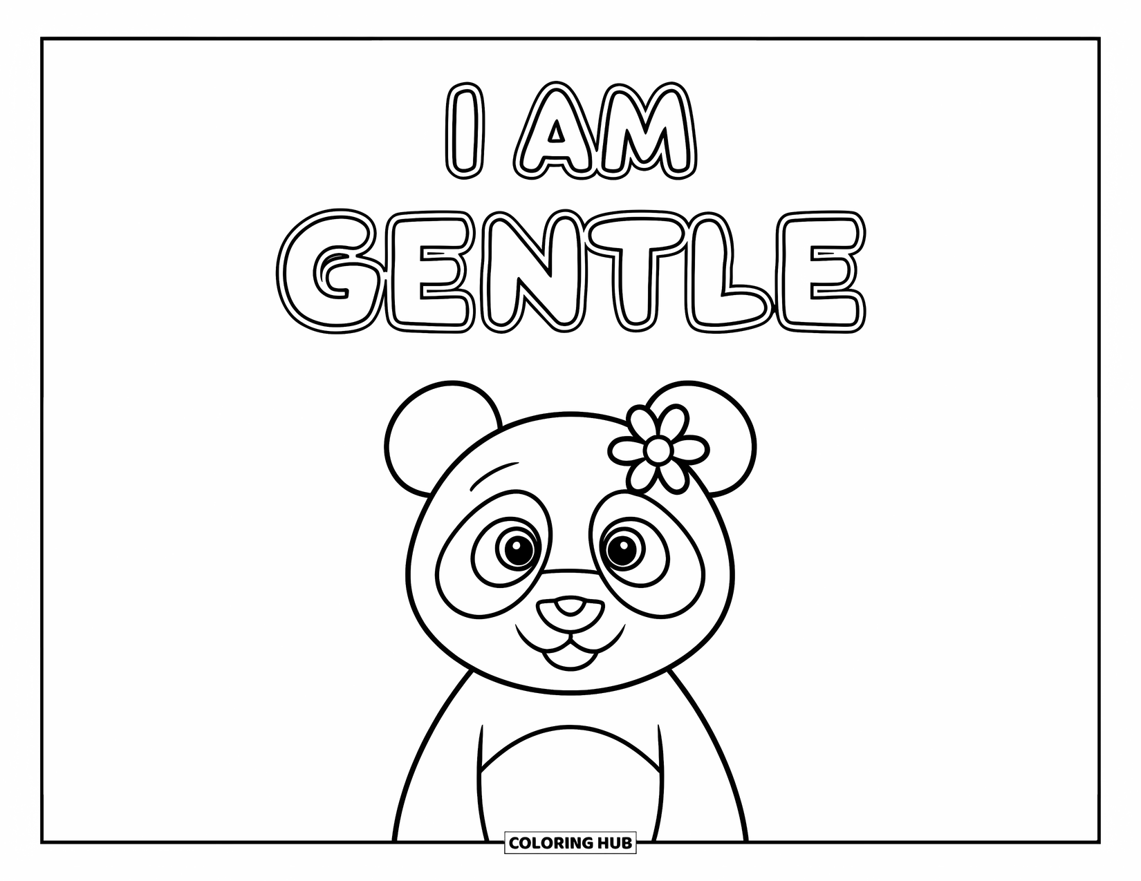 Affirmation Coloring Page for Kids: A gentle panda with a flower on its head rests under the phrase "I Am Gentle"