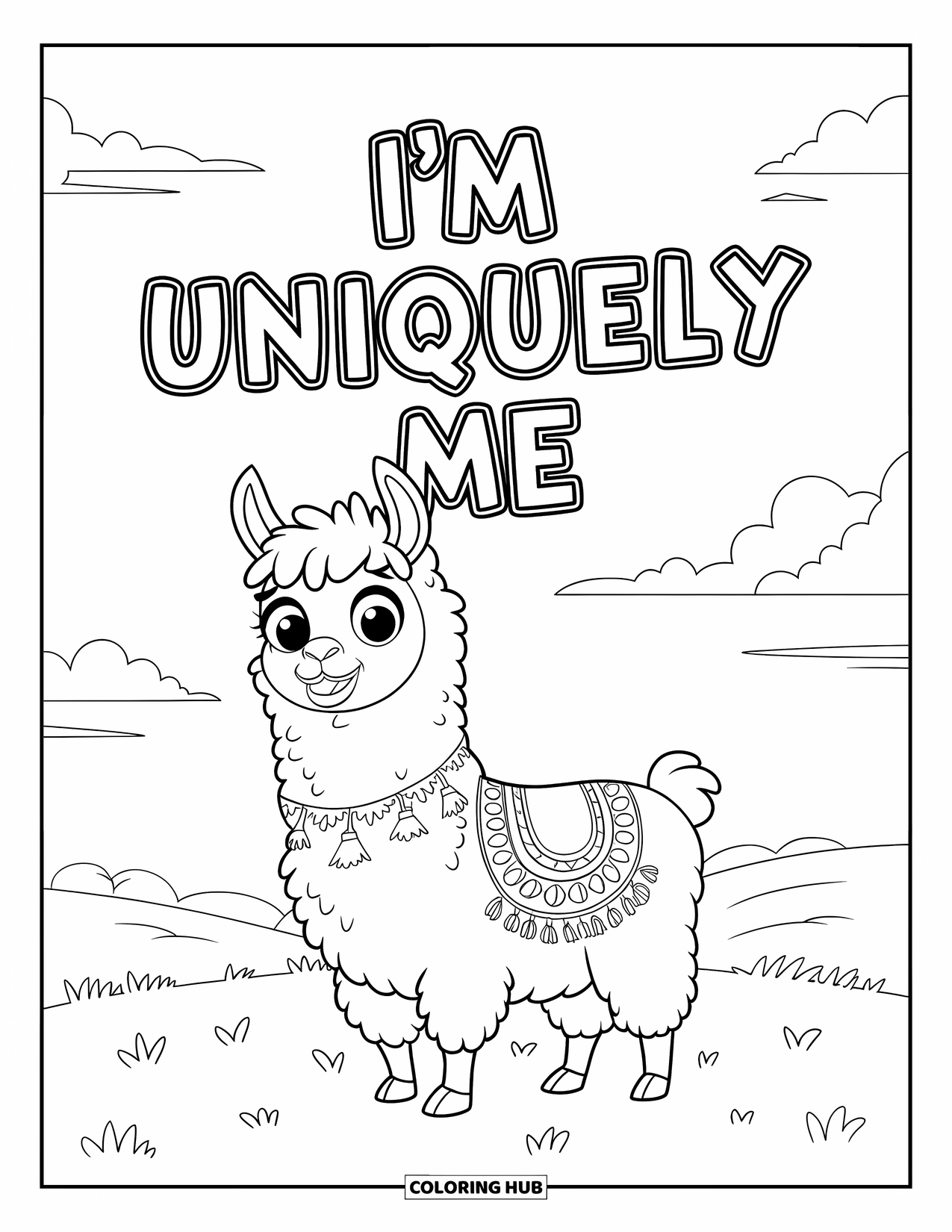 Affirmation Coloring Page for Kids: A happy llama in a field stands tall with "I'm Uniquely Me" above