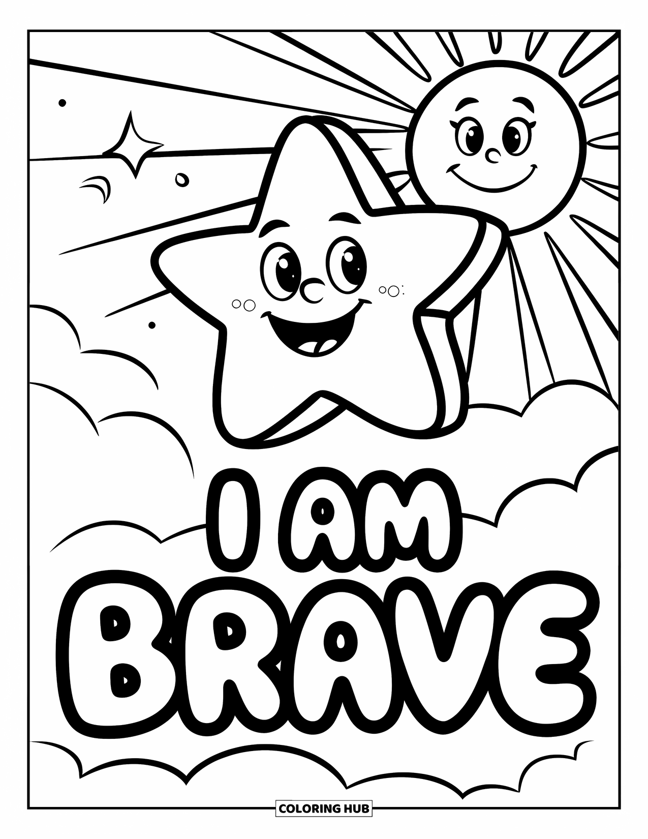 Affirmation Coloring Page for Kids: A happy star with a crown shines next to a smiling sun and "I Am Brave"