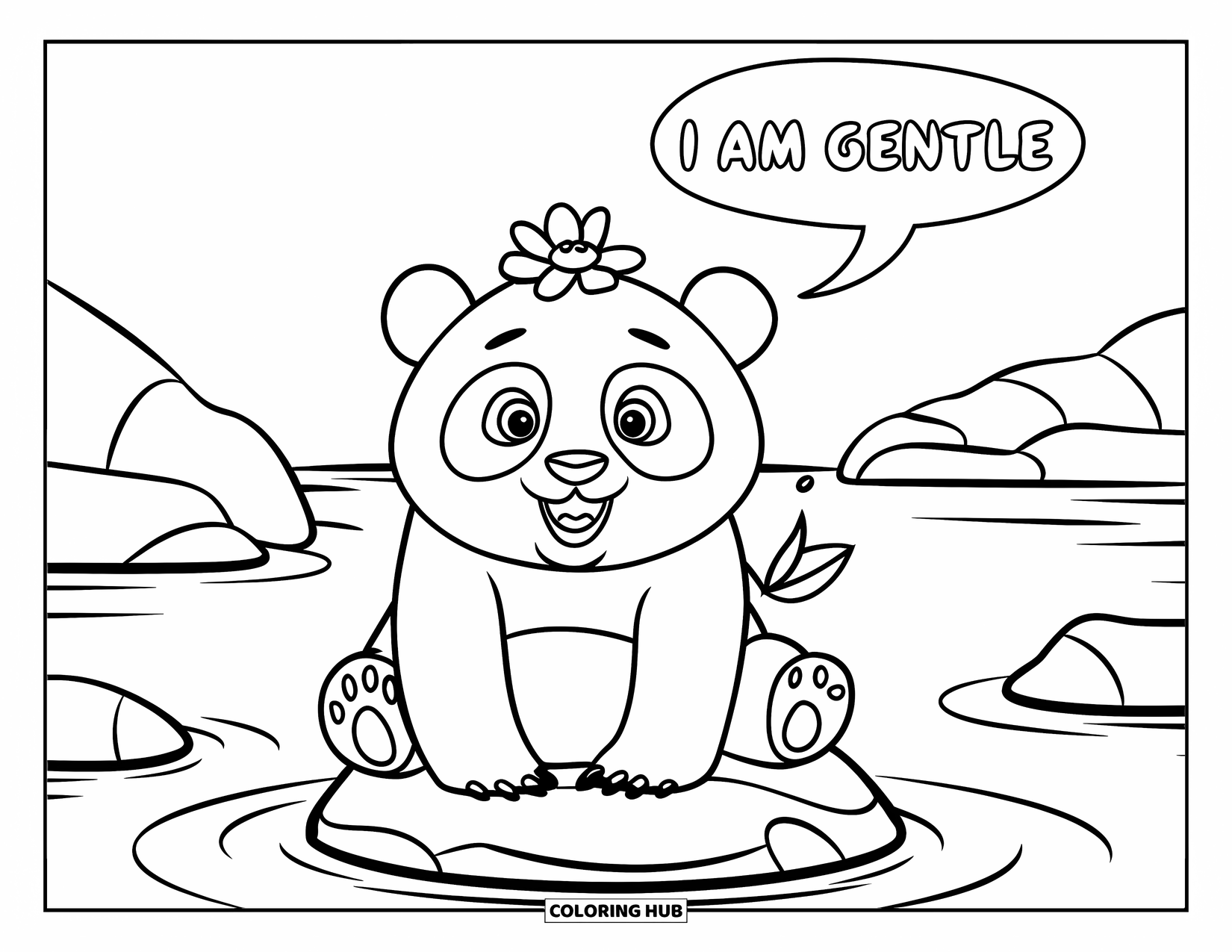 Affirmation Coloring Page for Kids: A panda sits near water with a flower and the phrase "I Am Gentle"