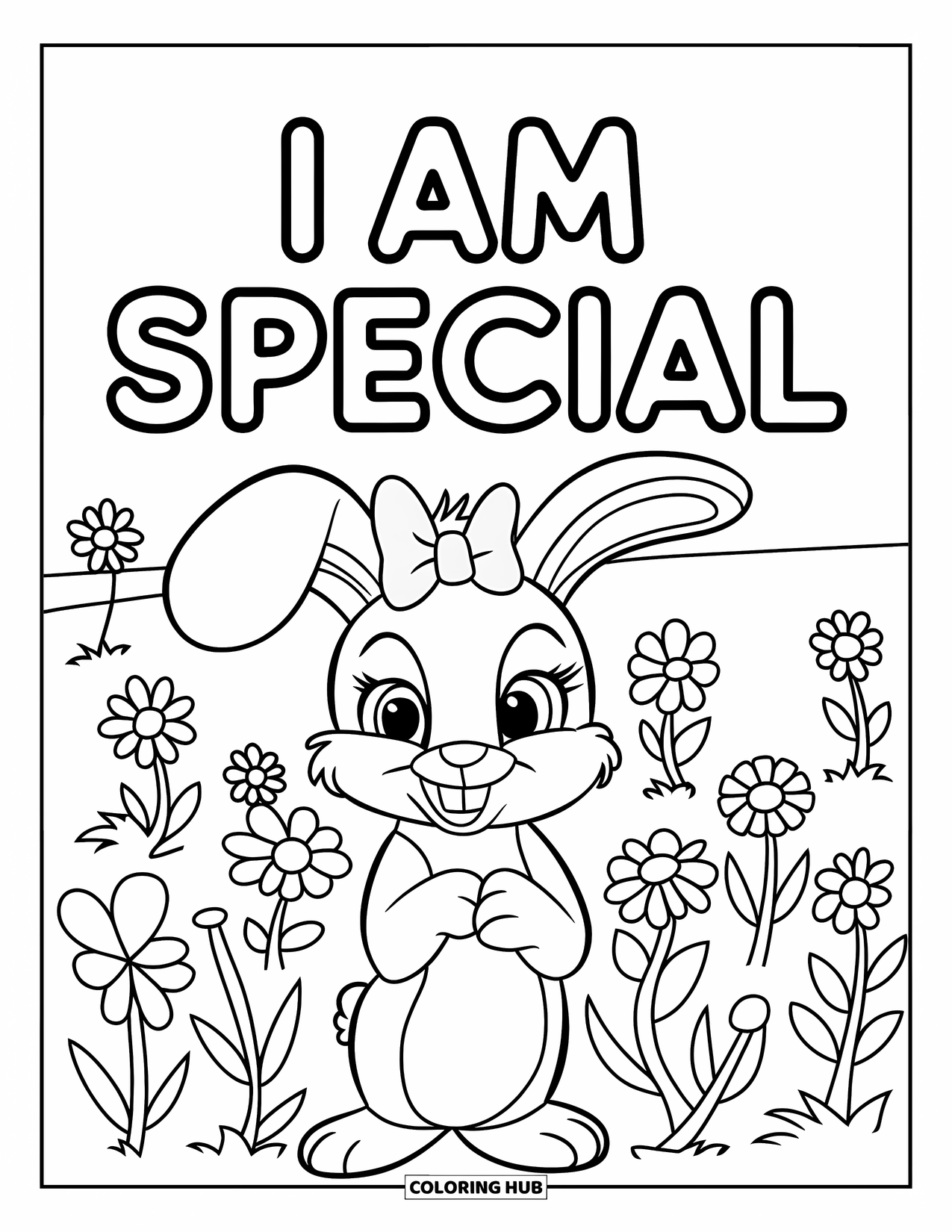 Affirmation Coloring Page for Kids: A sweet bunny with a bow smiles in a flower field that says "I Am Special"