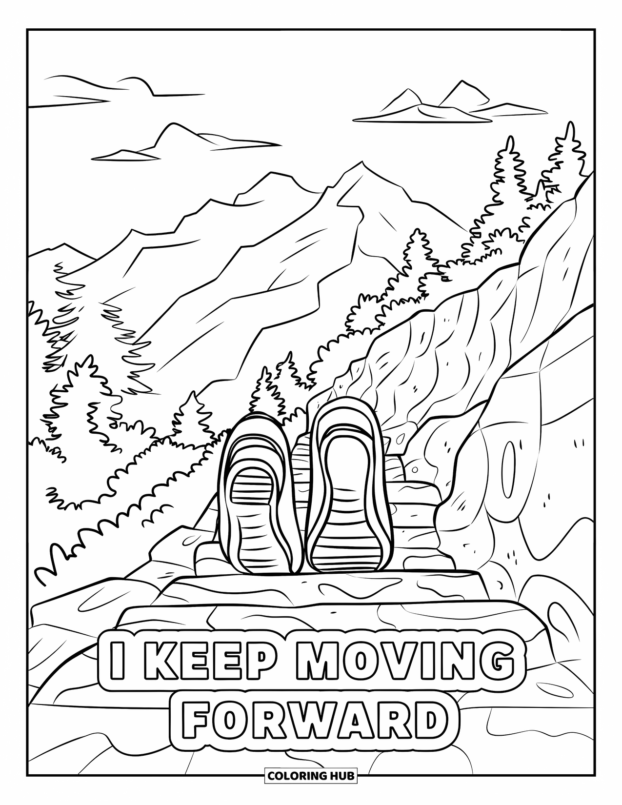 Affirmation Coloring Page for Kids: Steps rise on a stony path with "I Keep Moving Forward" written below