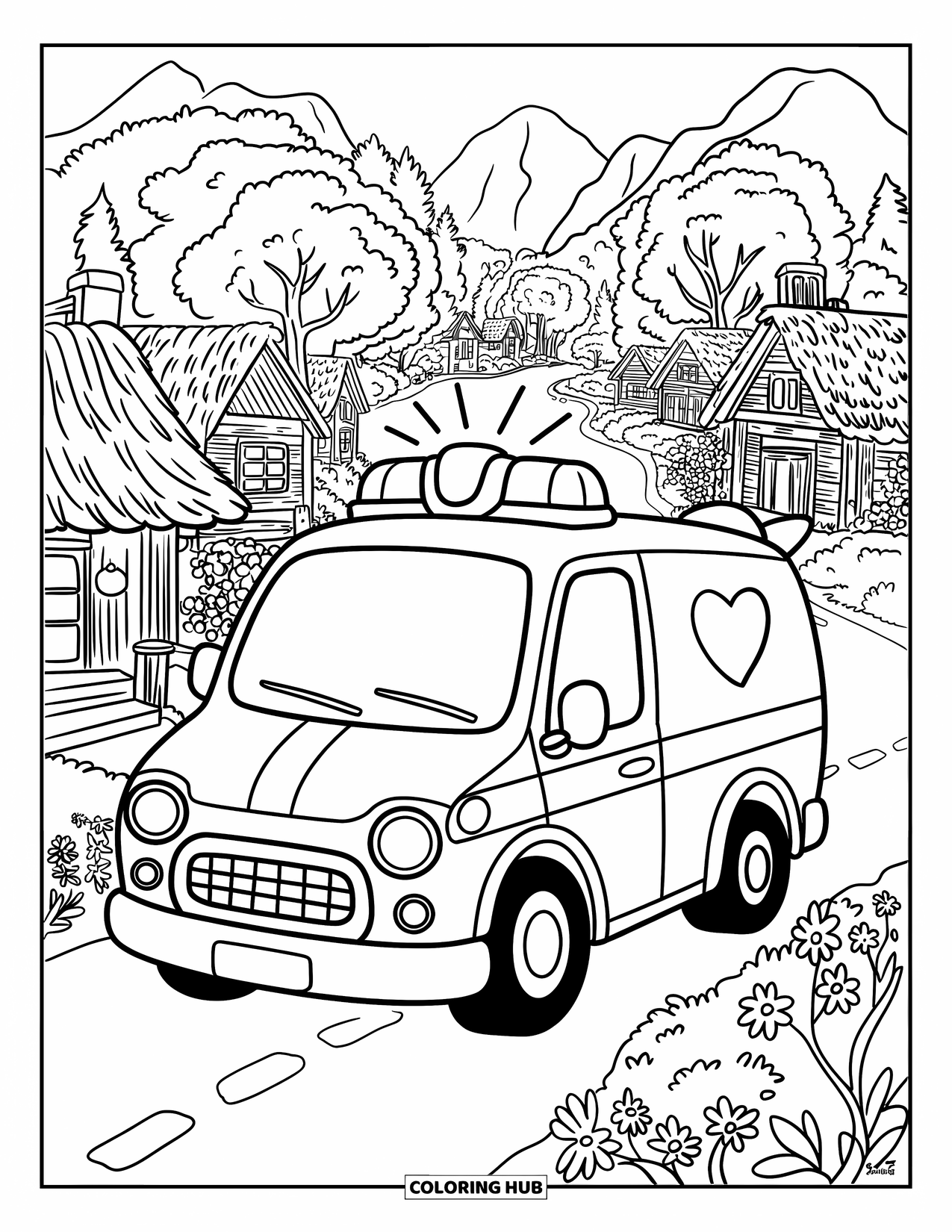 Ambulance Coloring Page for Adults: Adorable ambulance with heart siren passes flowering trees and tiny mountain village homes