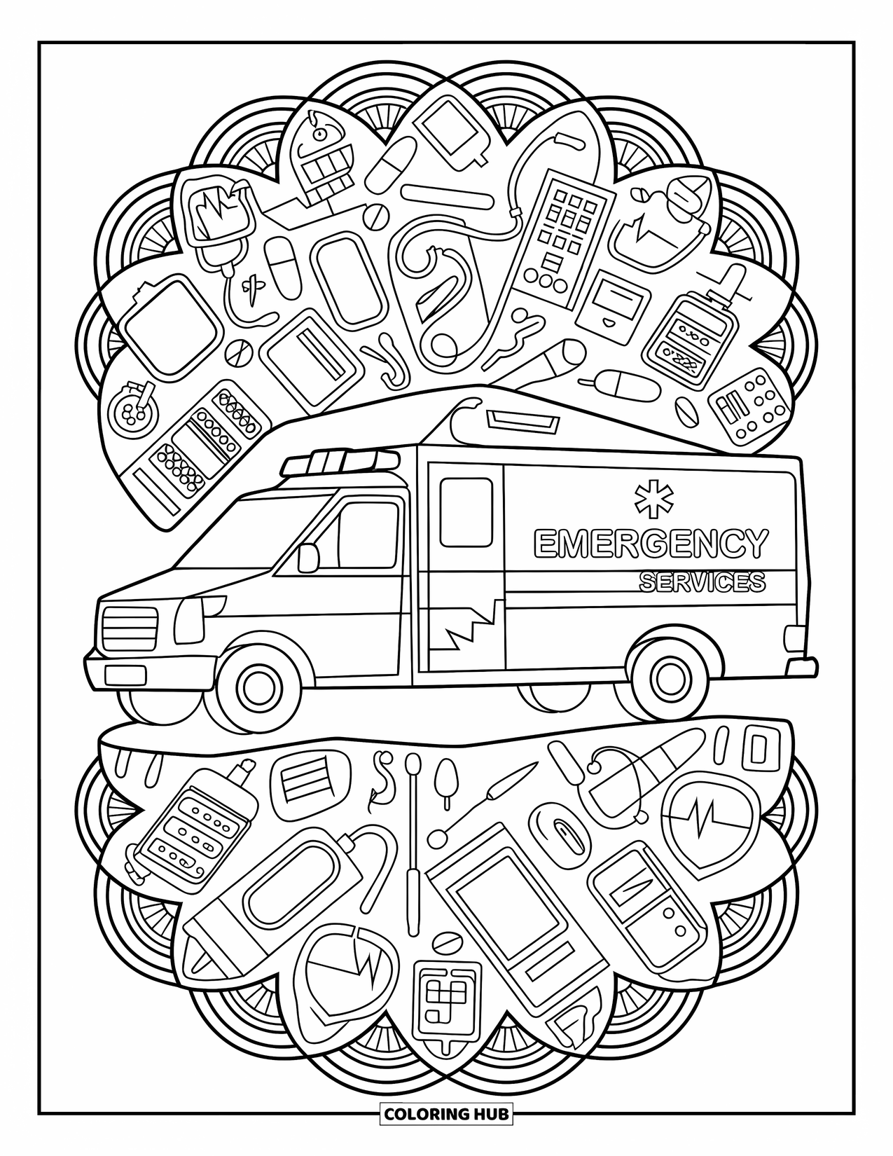Ambulance Coloring Page for Adults: Ambulance formed from mandala patterns with hearts, pills, and stethoscopes all around