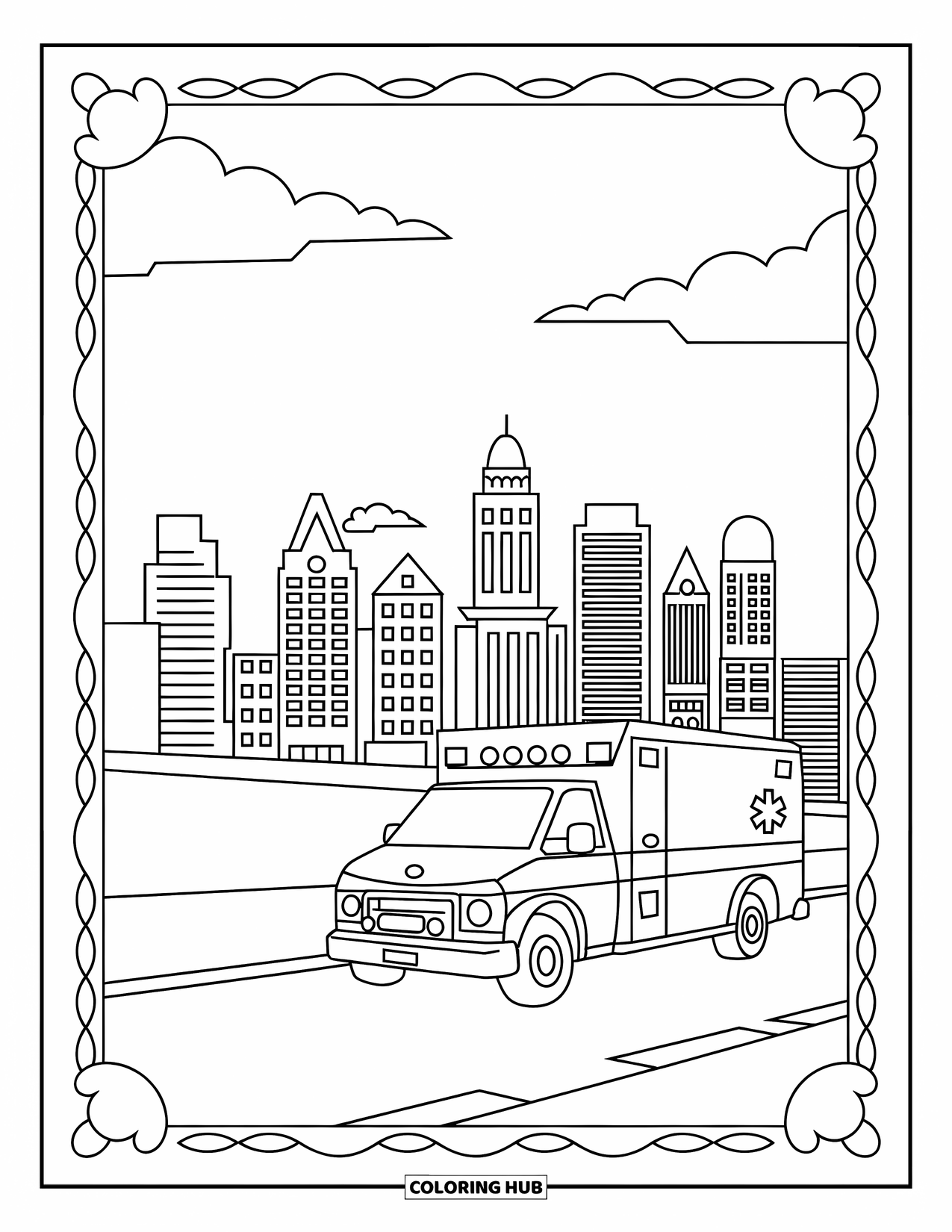 Ambulance Coloring Page for Adults: Ambulance parked quietly on an empty street with a peaceful city skyline at dawn