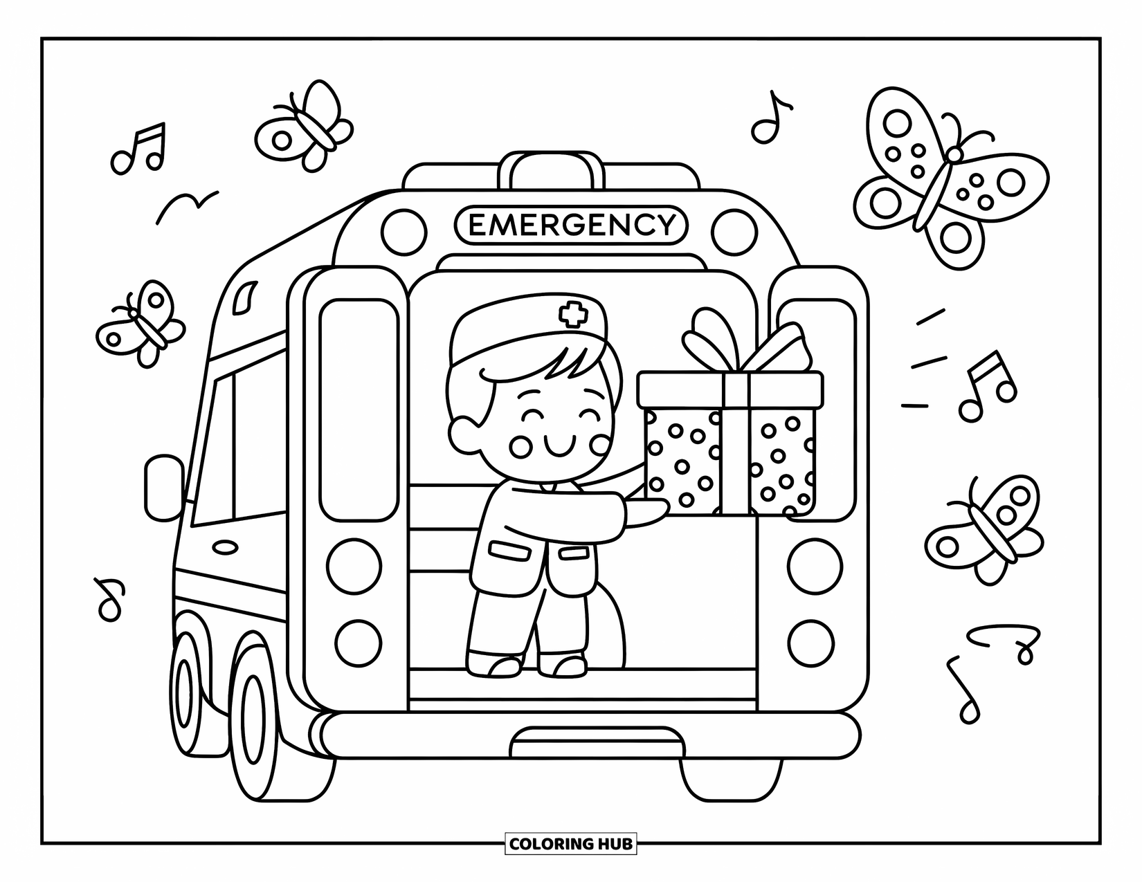 Ambulance Coloring Page for Adults: Cheerful paramedic hands out tiny bandage gifts with butterflies and music notes floating around