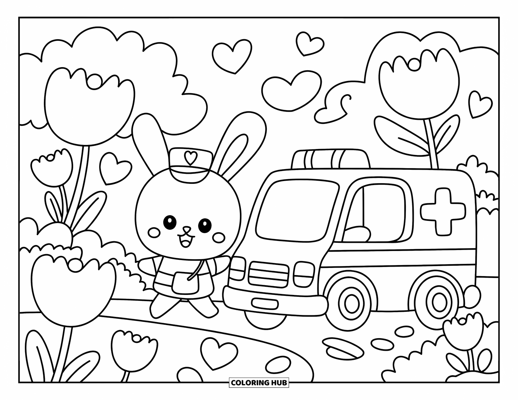 Ambulance Coloring Page for Adults: Cute bunny hops next to an ambulance surrounded by tulips and scattered floating hearts