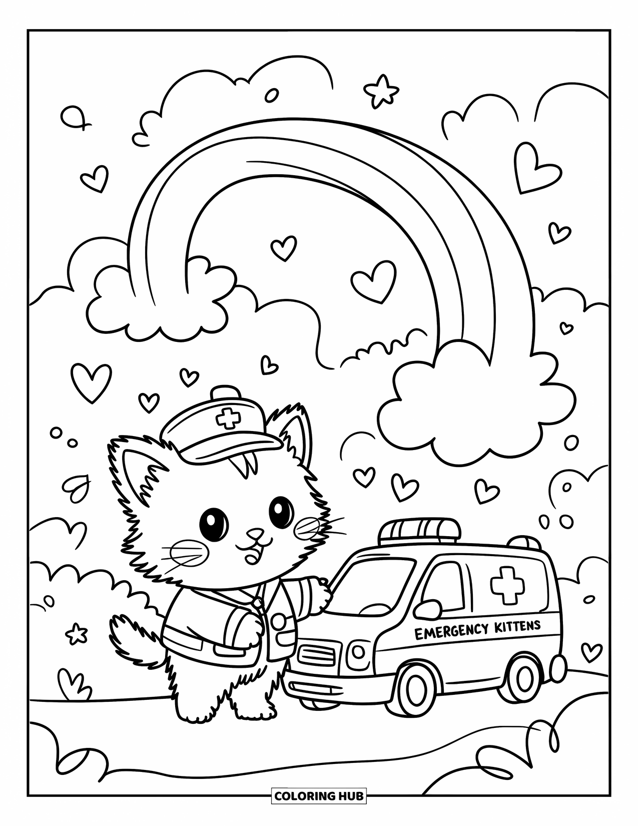 Ambulance Coloring Page for Adults: Fluffy kitten paramedic stands near a smiling ambulance and a big arching rainbow