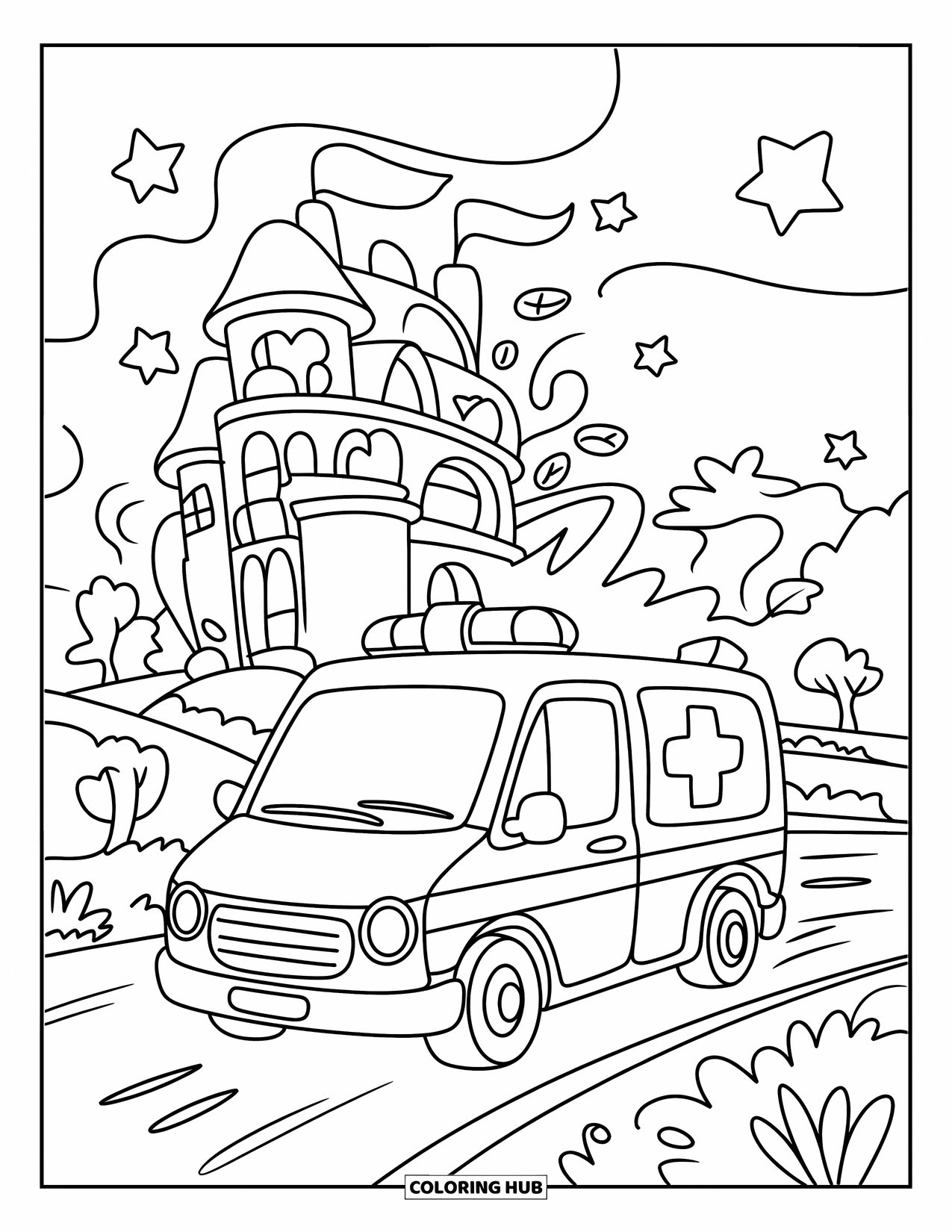 Ambulance Coloring Page for Adults: Friendly ambulance speeds past a castle hospital with twinkling stars and little trees