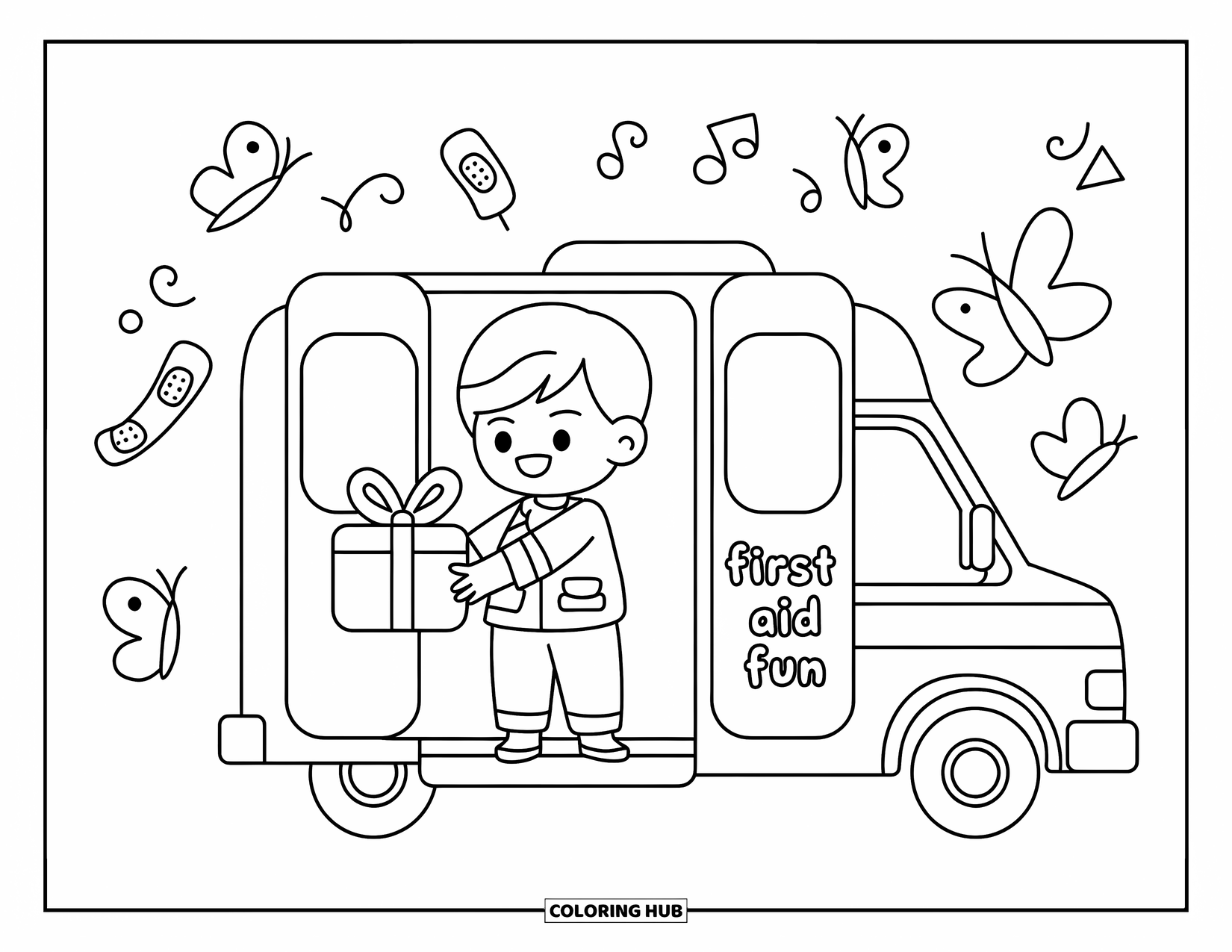 Ambulance Coloring Page for Adults: Friendly paramedic gives bandage gifts from an ambulance with butterflies and swirling notes
