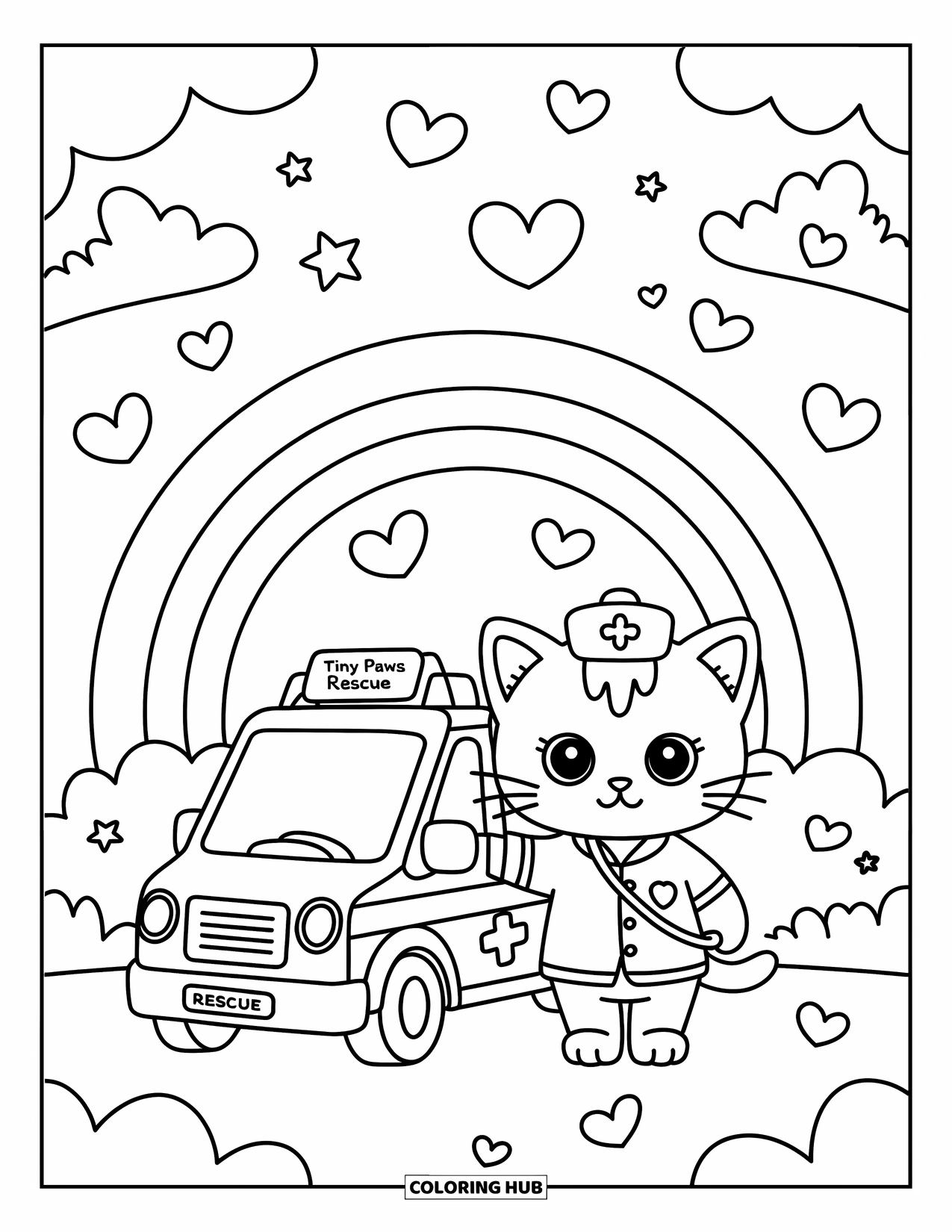 Ambulance Coloring Page for Adults: Kitten paramedic stands beside a tiny rescue van under a rainbow filled with hearts and stars
