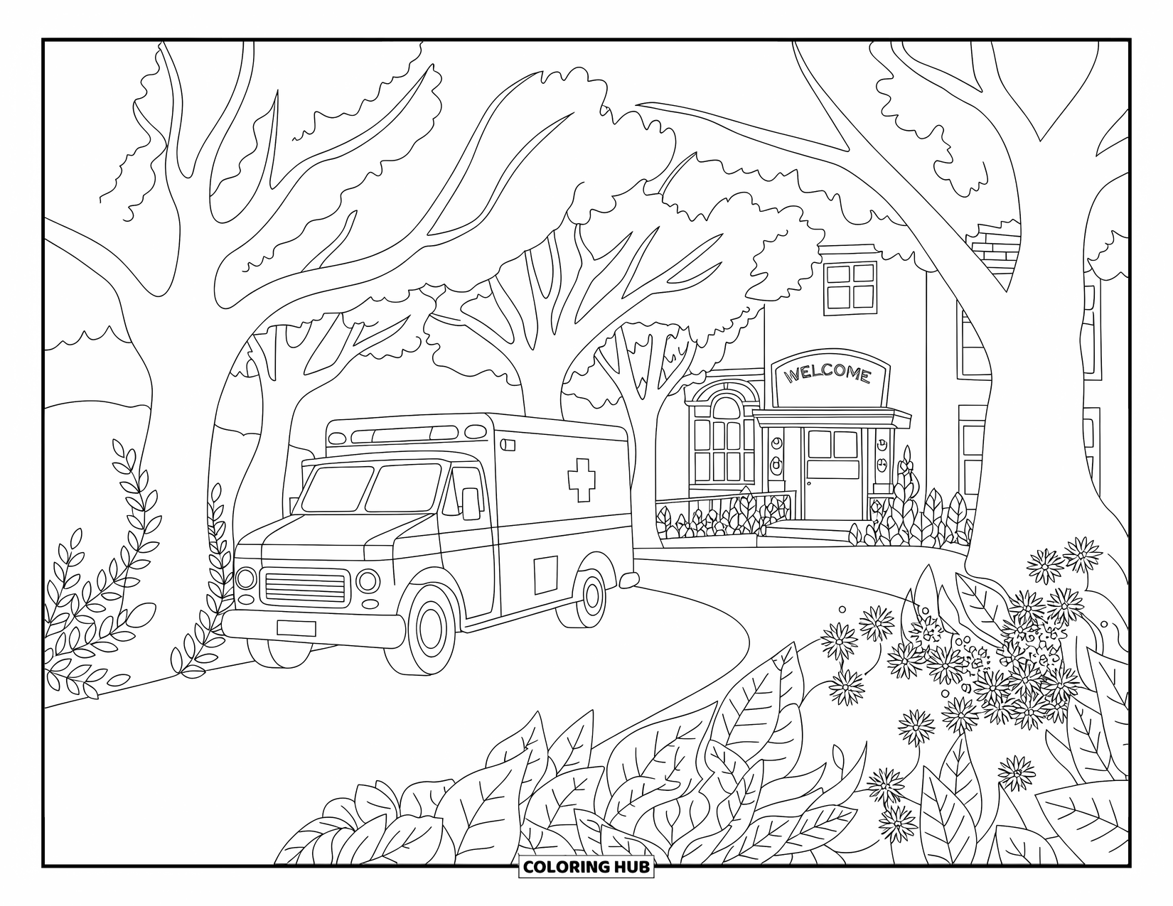 Ambulance Coloring Page for Adults: Peaceful rural hospital scene with leafy trees, arched windows, and a welcoming sign
