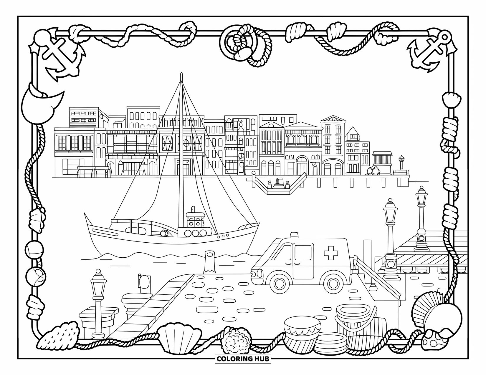 Ambulance Coloring Page for Adults: Seaport scene with vintage ambulance, sailboats, and nautical decor surrounds detailed buildings