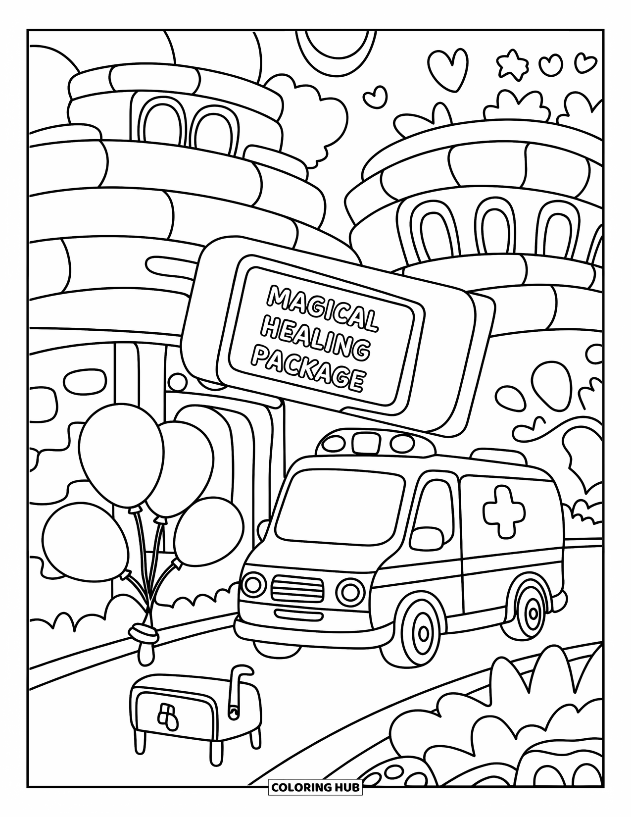 Ambulance Coloring Page for Adults: Smiling ambulance delivers a magical package to a candy hospital with balloons and doodles