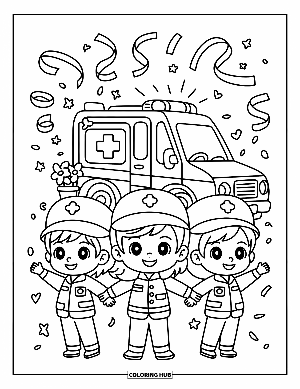 Ambulance Coloring Page for Adults: Smiling paramedics stand by a classic ambulance surrounded by stars, ribbons, and mini flags