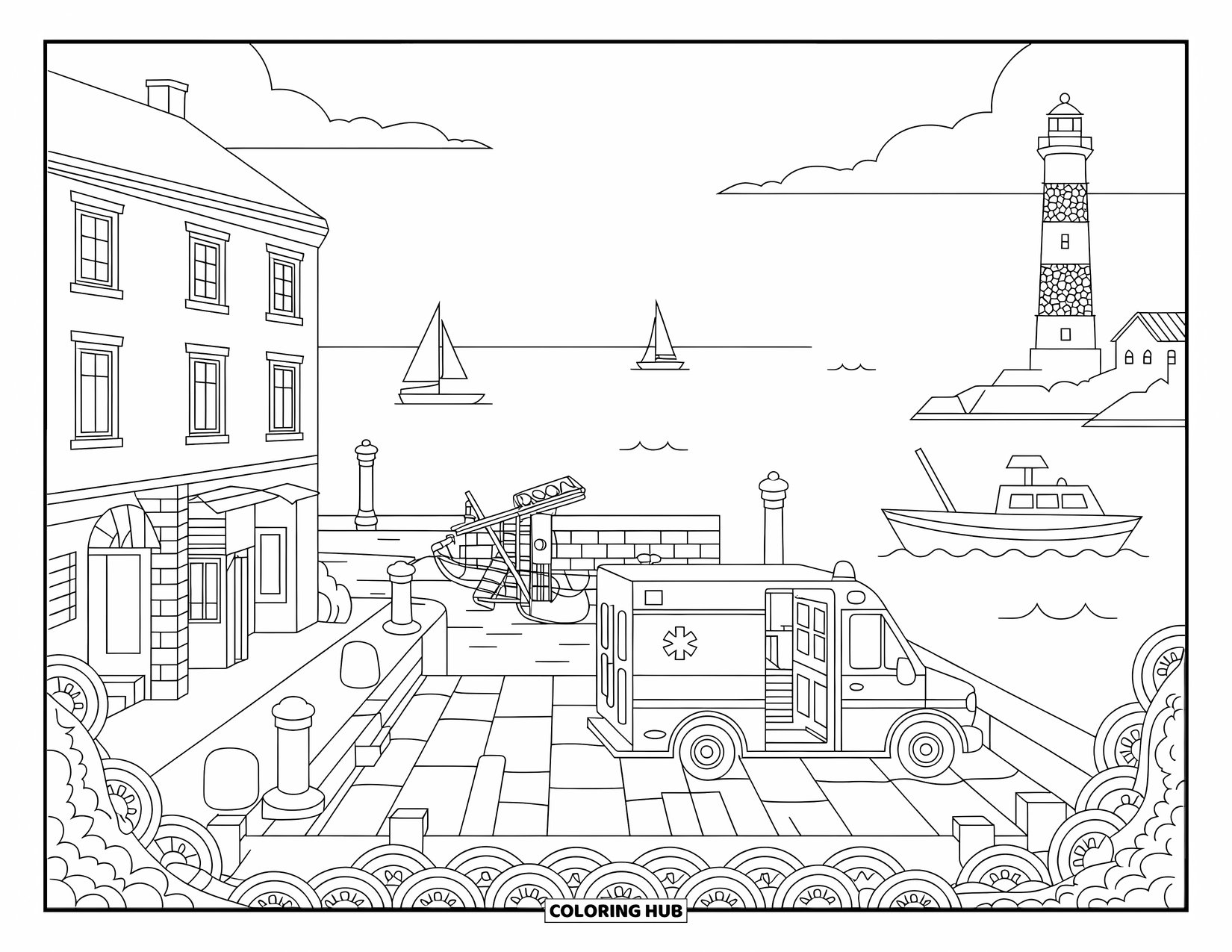 Ambulance Coloring Page for Adults: Vintage ambulance waits on a stone dock near sailboats and a lighthouse at sea