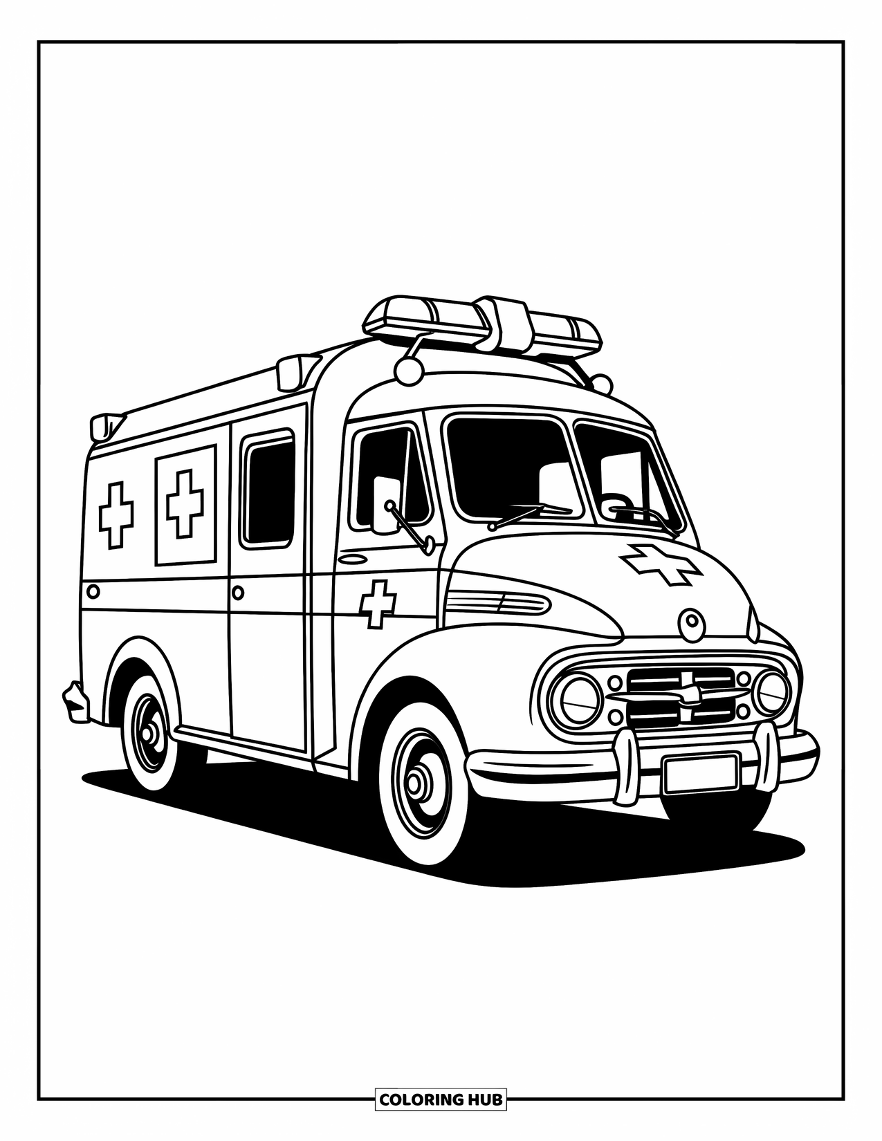 Ambulance Coloring Page for Adults: Vintage ambulance with medical symbols stands still against a clear, open space