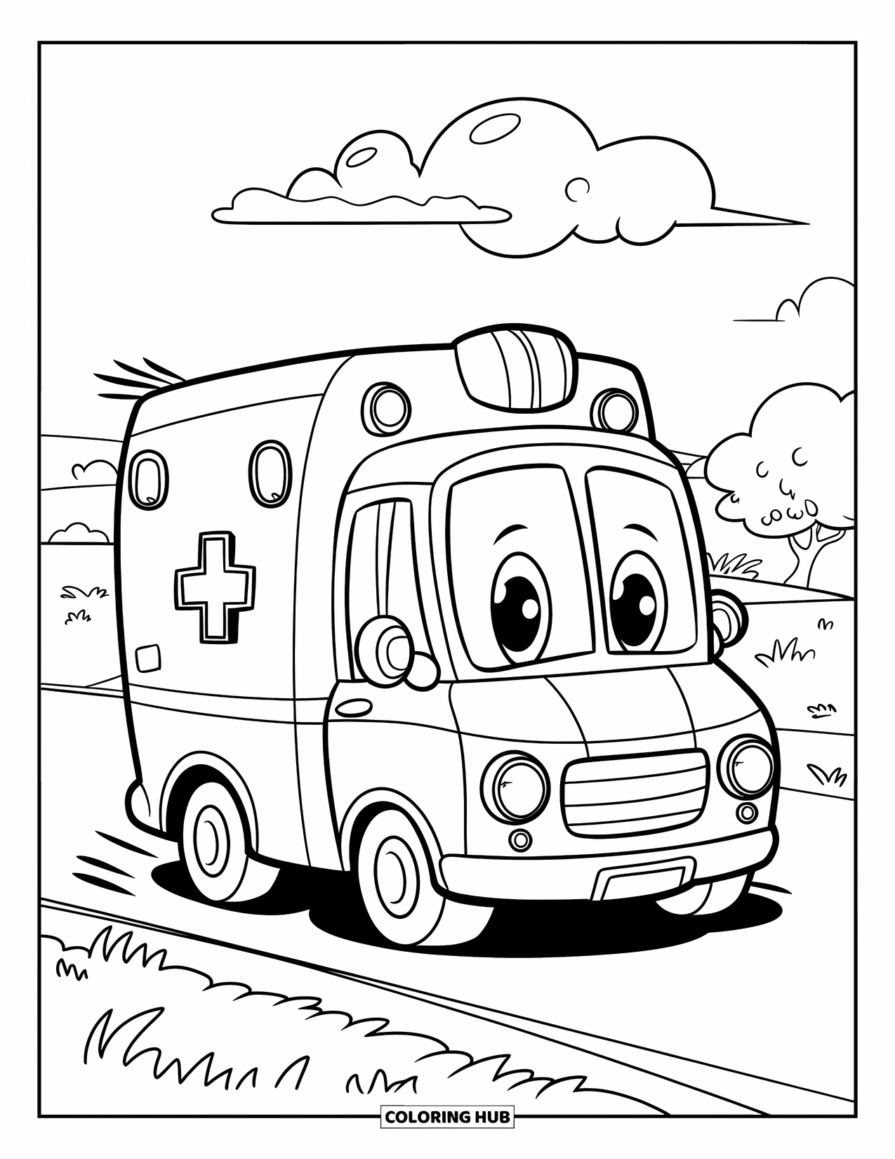 Ambulance Coloring Page for Kids: Adorable ambulance drives down a quiet road with trees and a cloud overhead