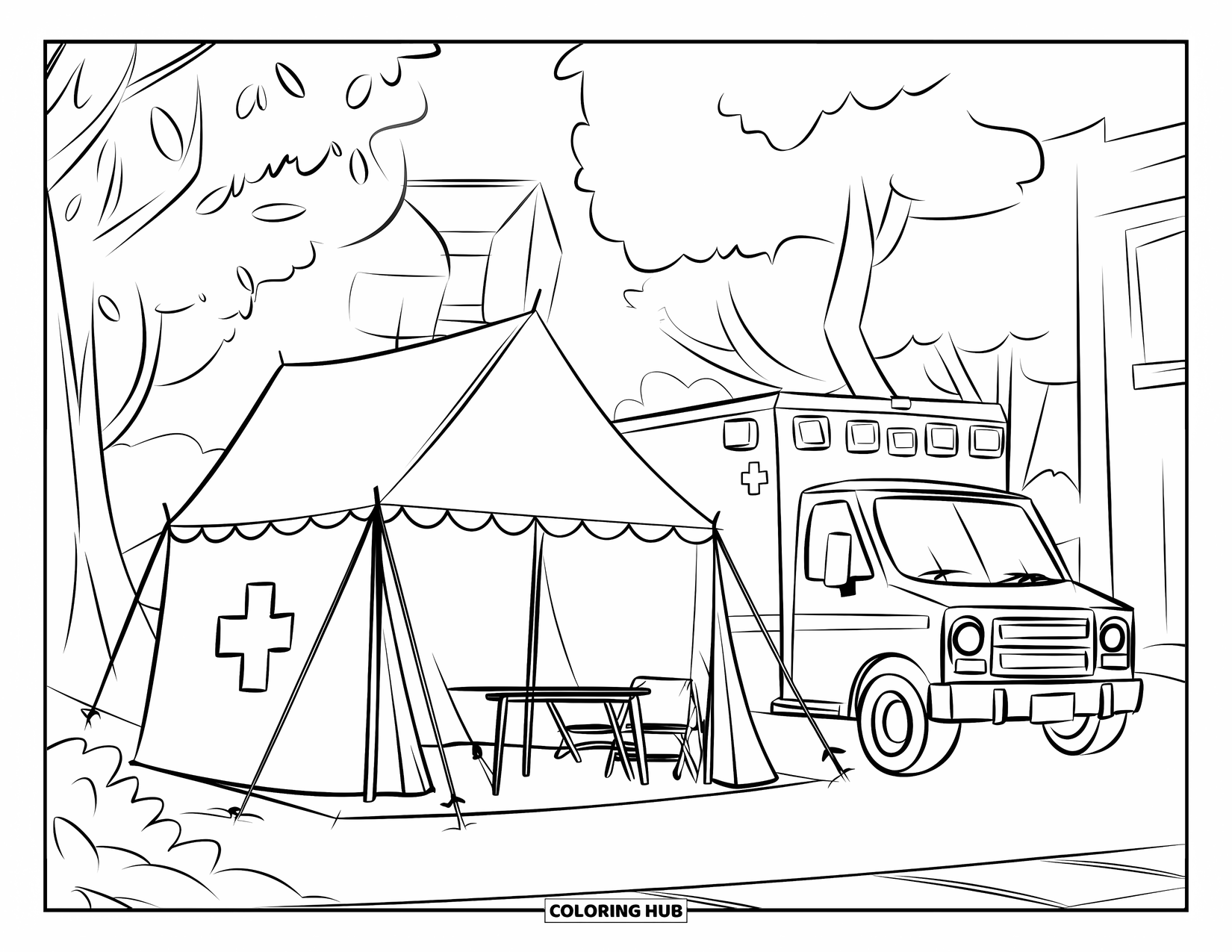 Ambulance Coloring Page for Kids: Ambulance and medical tent ready for an event, surrounded by buildings and tall trees
