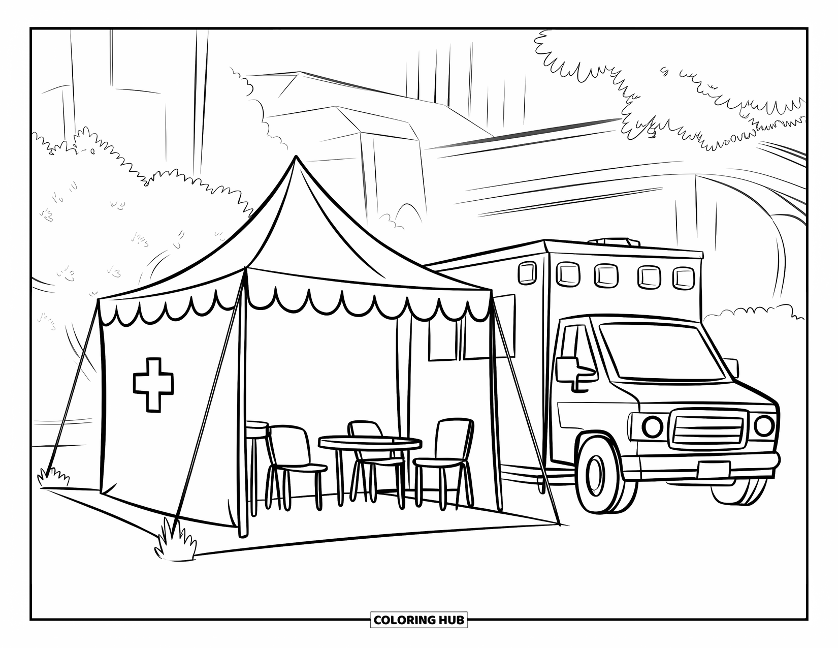 Ambulance Coloring Page for Kids: Ambulance parked beside a medical tent at an outdoor event with chairs and trees nearby
